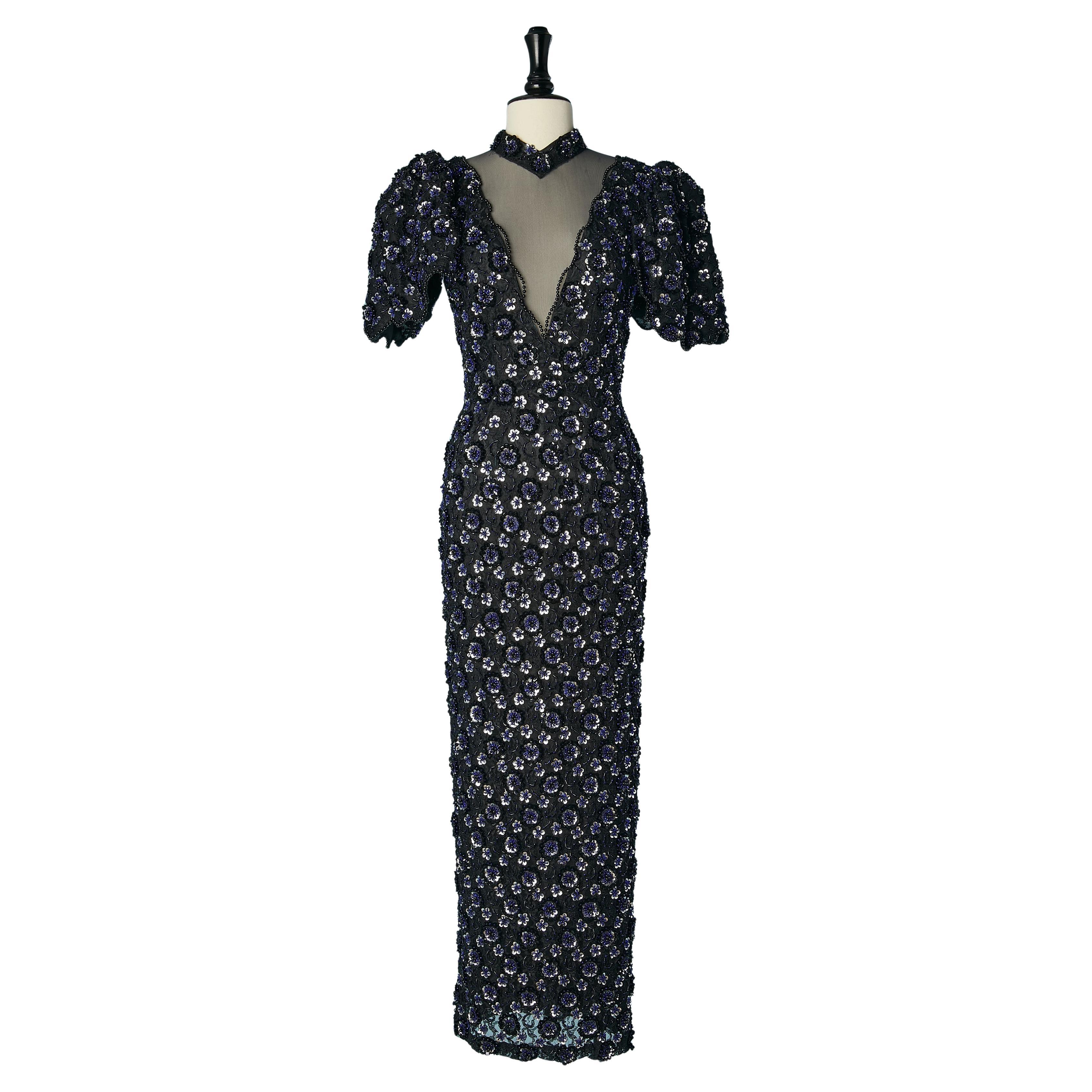 Vestido de noche con cuentas de tul transparente y lentejuelas ZOLA KELLER Circa 1980's en venta