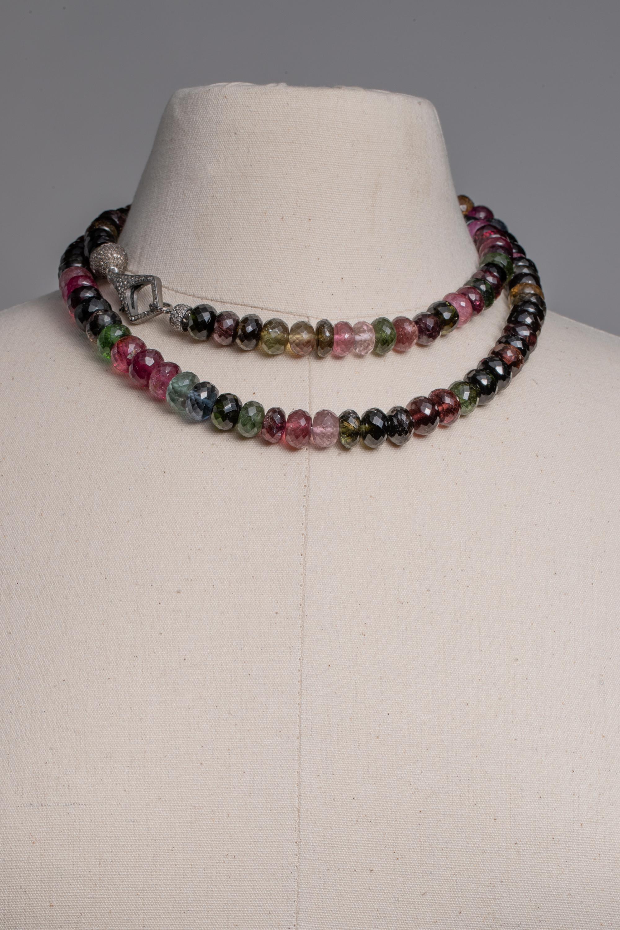 Round Cut Beaded Faceted Tourmaline and Diamond Necklace For Sale