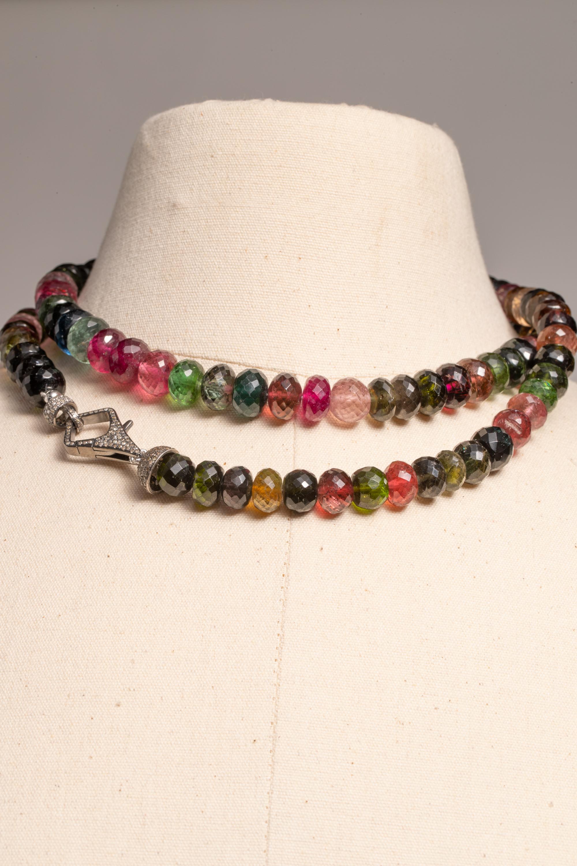 Beaded Faceted Tourmaline and Diamond Necklace In Excellent Condition For Sale In Nantucket, MA