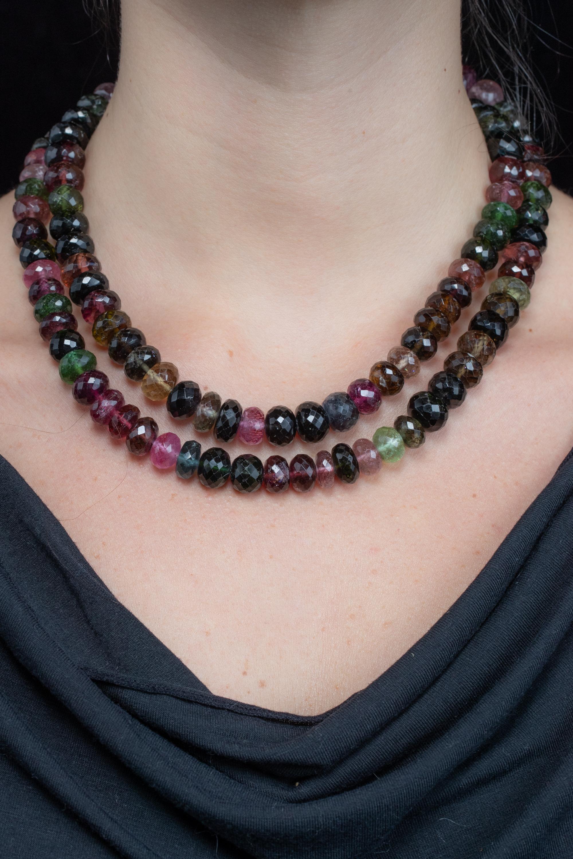 Women's or Men's Beaded Faceted Tourmaline and Diamond Necklace For Sale