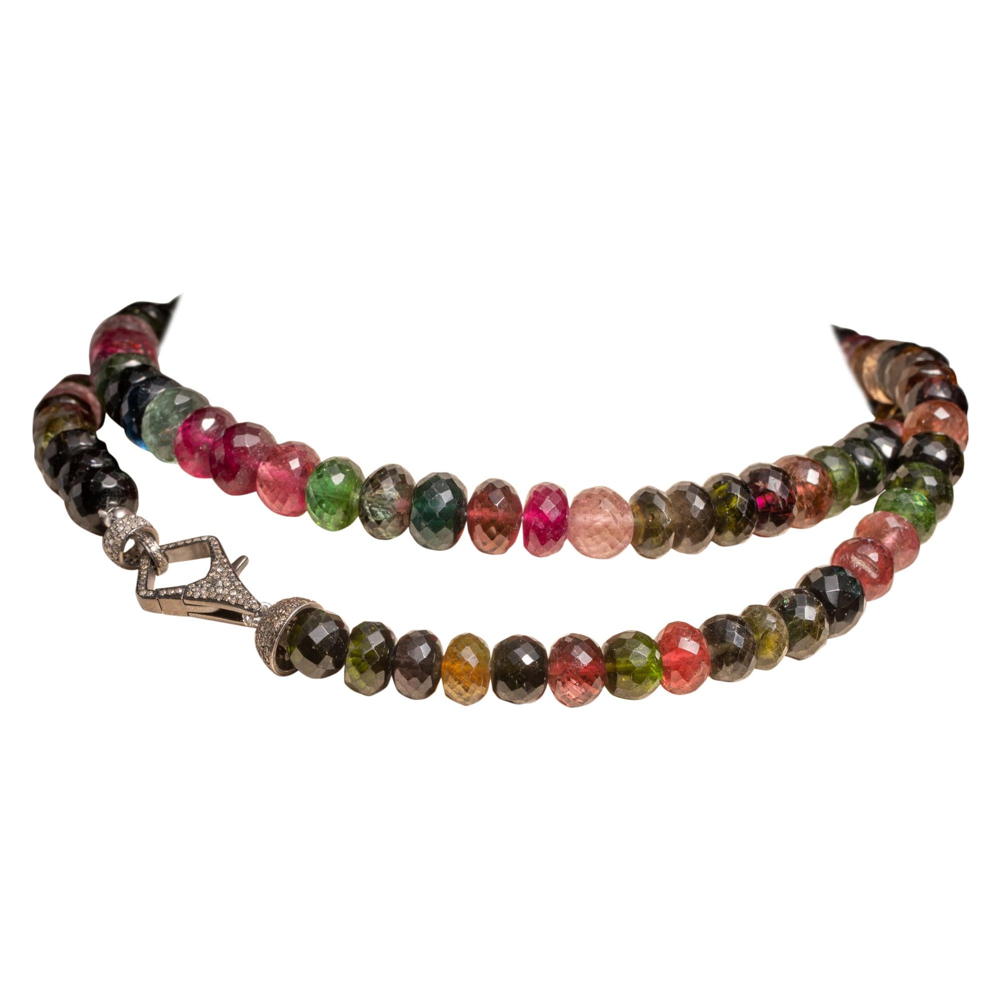 Beaded Faceted Tourmaline and Diamond Necklace For Sale