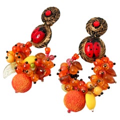 Beaded Fruit & Lady Bug Motif Statement Drop Clip-On Earrings circa 1980s