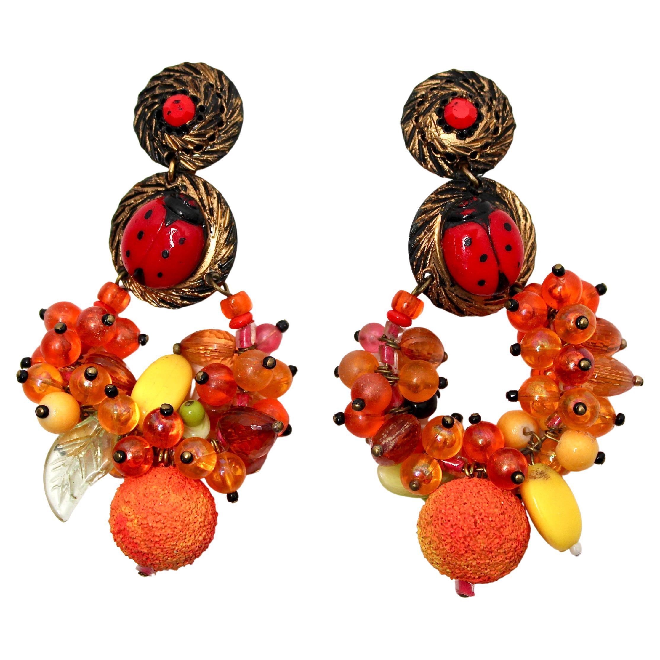 Beaded Fruit 
Lady Bug Motif Statement Drop Clip-On Earrings circa 1980s For Sale