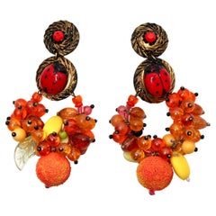 Beaded Fruit 
Lady Bug Motif Statement Drop Clip-On Earrings circa 1980s