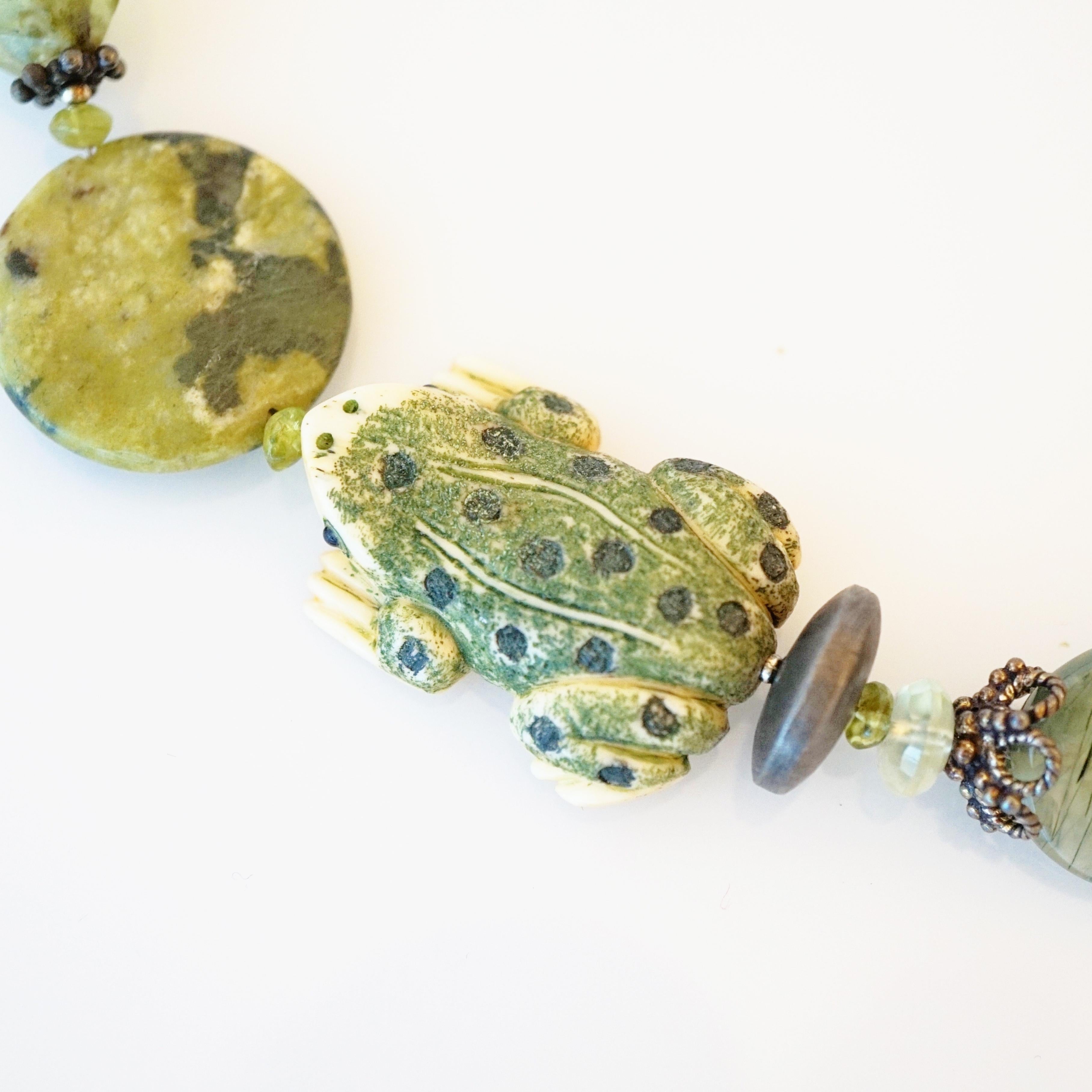 Modern Beaded Gemstone Necklace With Carved Bone Frog Accents By Amy Kahn Russell For Sale
