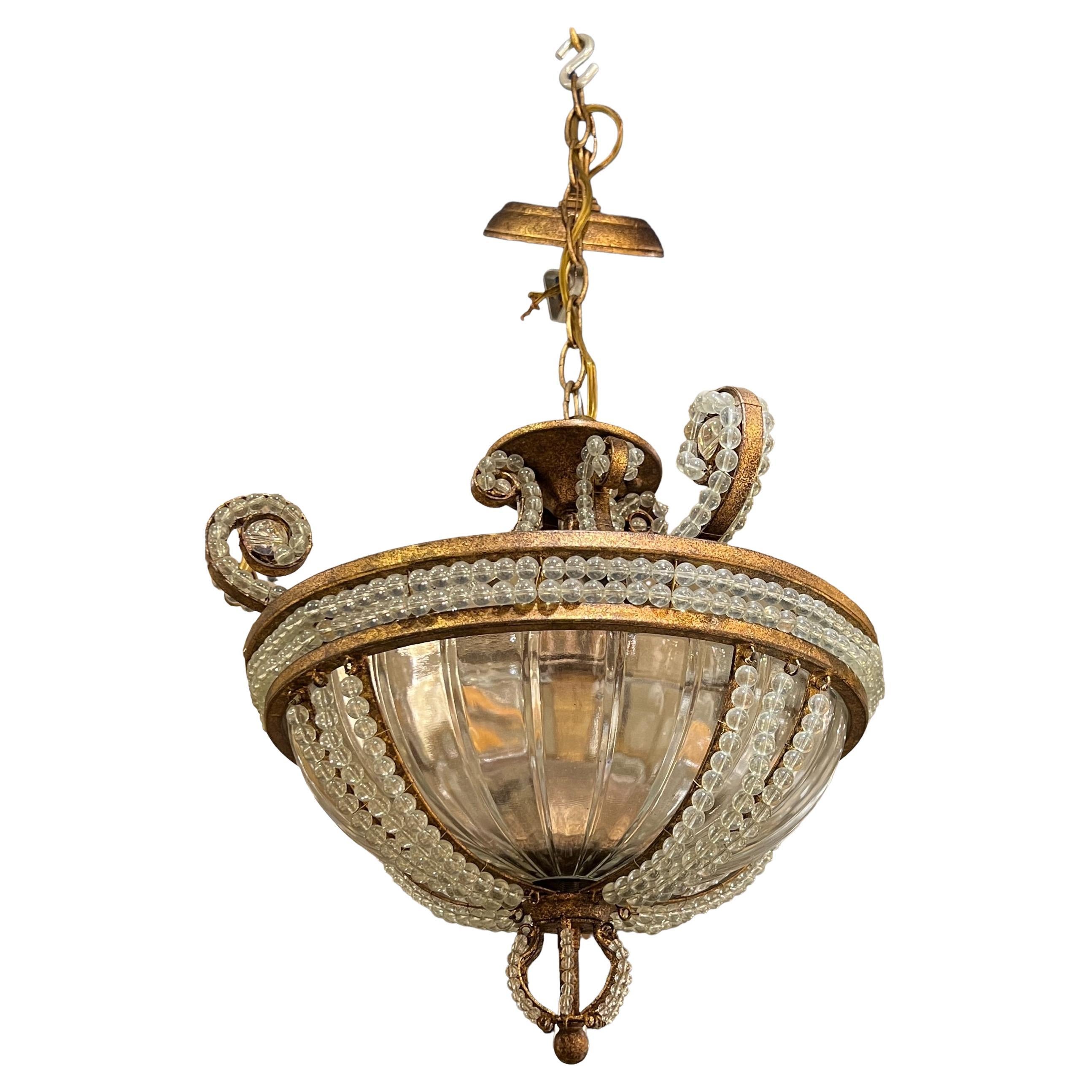 Beaded Glass and Bronze Chandelier For Sale