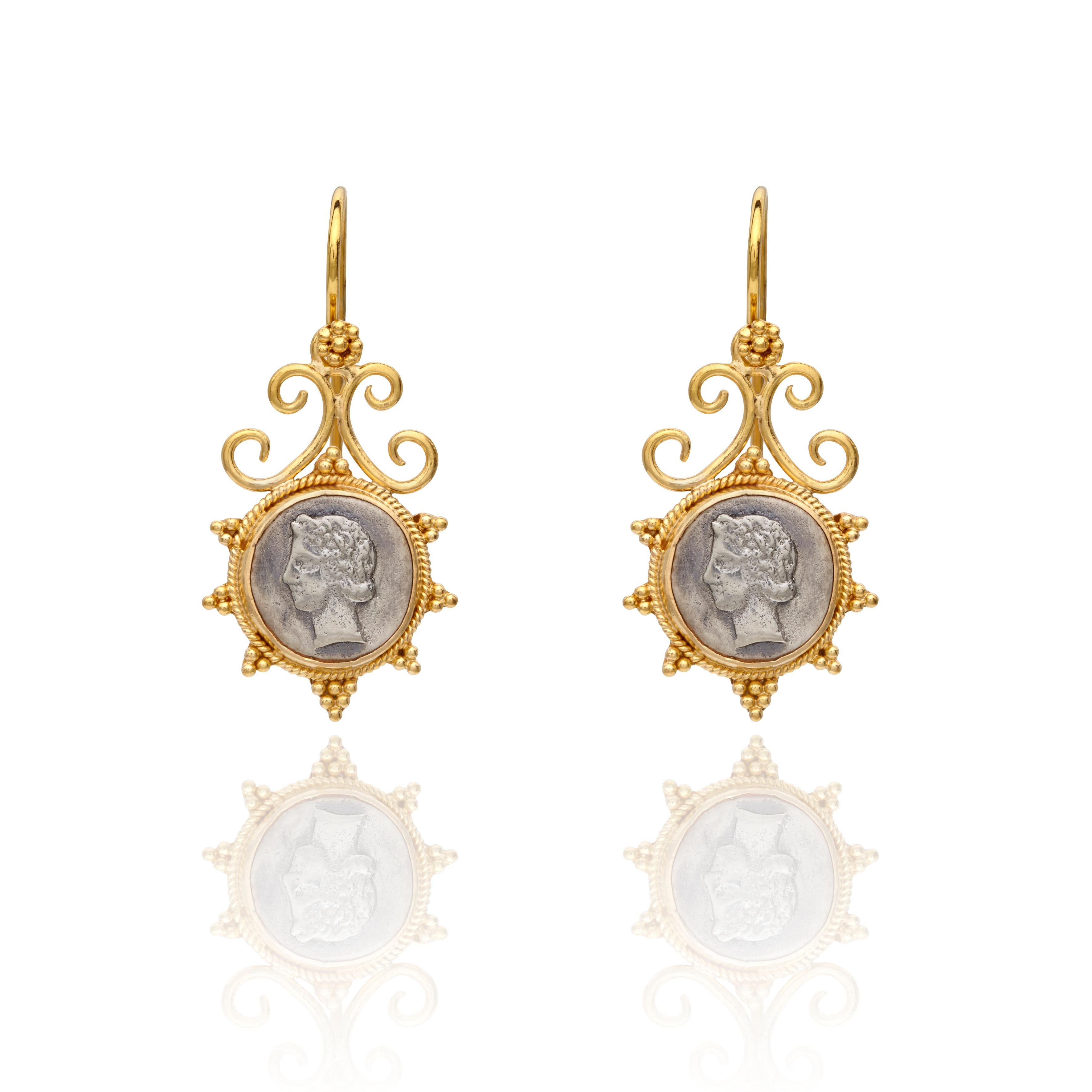 Beaded Gold Earrings, in 22Kt yellow gold, with oxidized Ancient Silver Coin represent the head of goddess Dimitra. A unique pair of earrings, handcrafted using traditional techniques,  that adds an ancient style to your outfit.