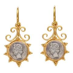 Beaded Gold Earrings Ear Wire in 22kt with Oxidized Ancient Style Silver Coin