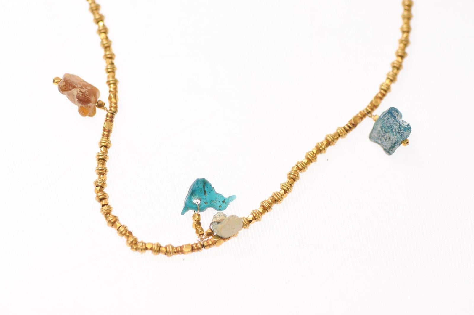 Beaded gold necklace w/ Roman glass charms In Excellent Condition For Sale In Atlanta, GA