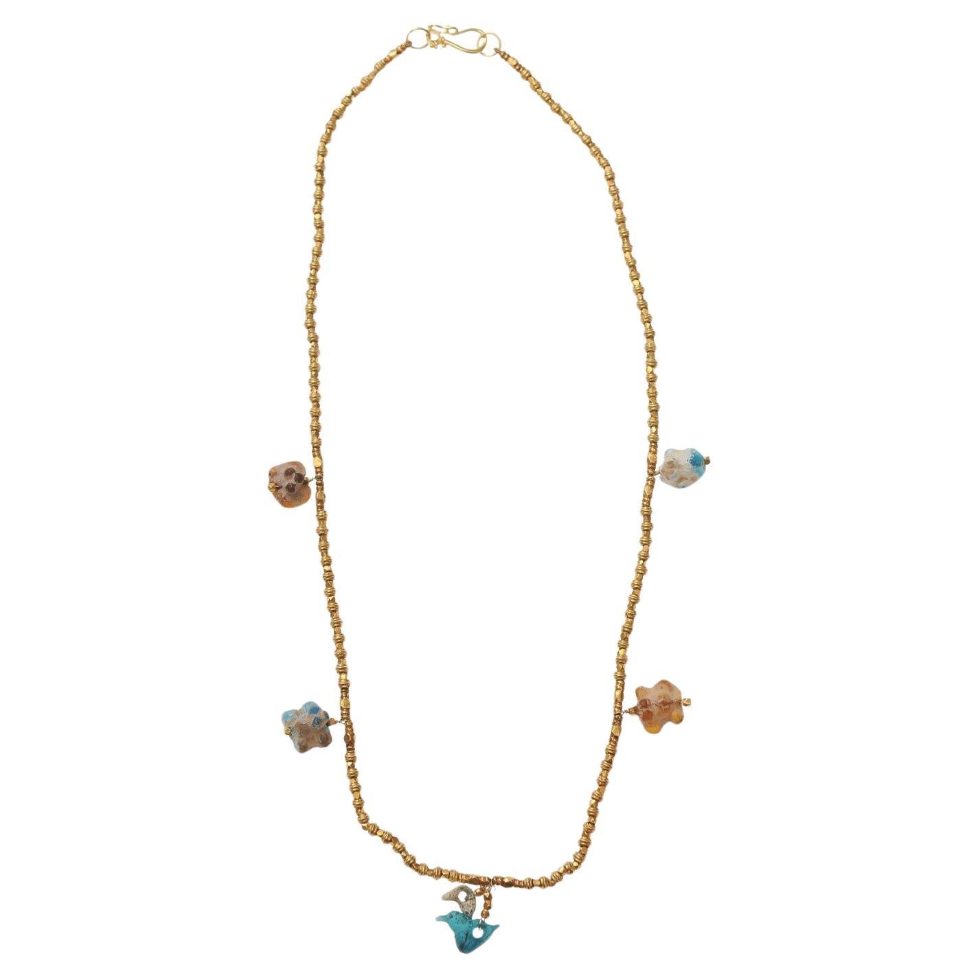 Beaded gold necklace w/ Roman glass charms For Sale
