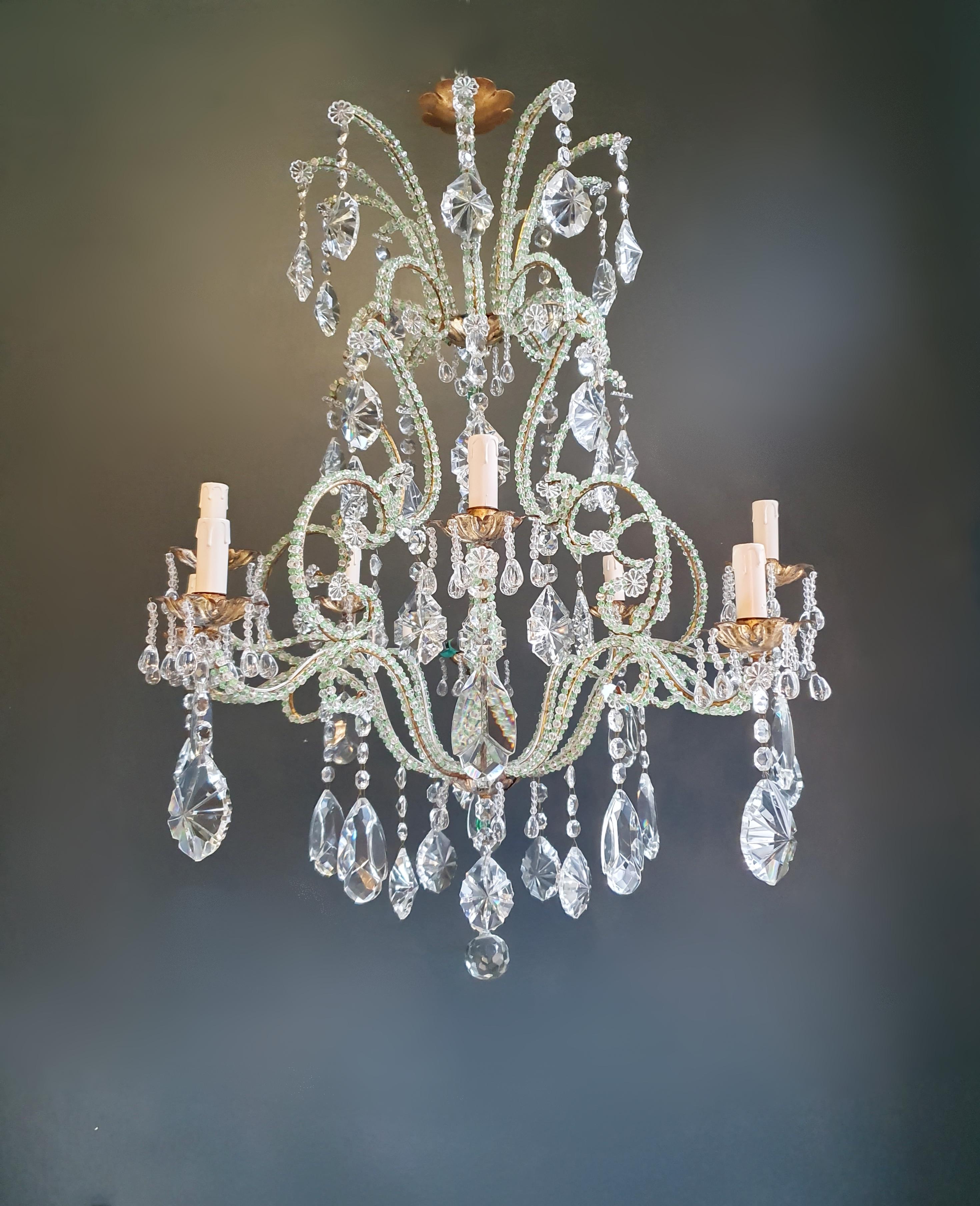 Beaded green crystal chandelier antique ceiling lamp Lustre Art Nouveau brass

Measures: Total height 100 cm, height without chain 90 cm diameter 80 cm. Weight (approximately) 15 kg.

Number of lights: 10-light bulb sockets: E14
Material: