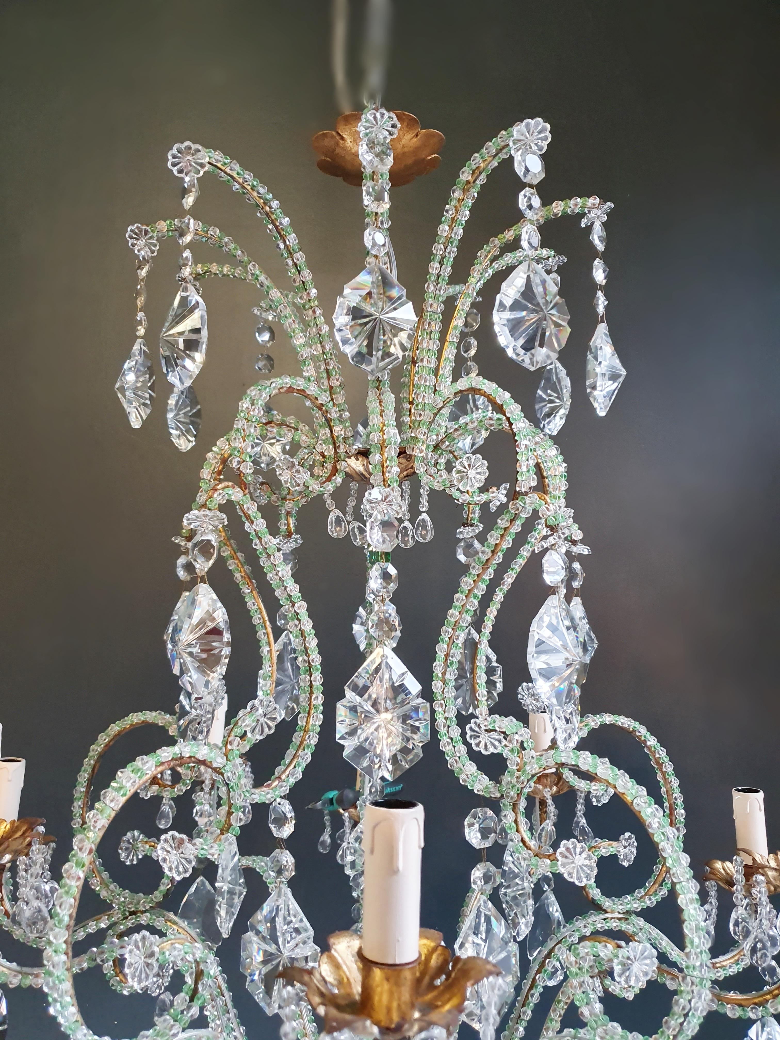 European Beaded Green Crystal Chandelier Antique Ceiling Lamp Lustre Art Nouveau Brass