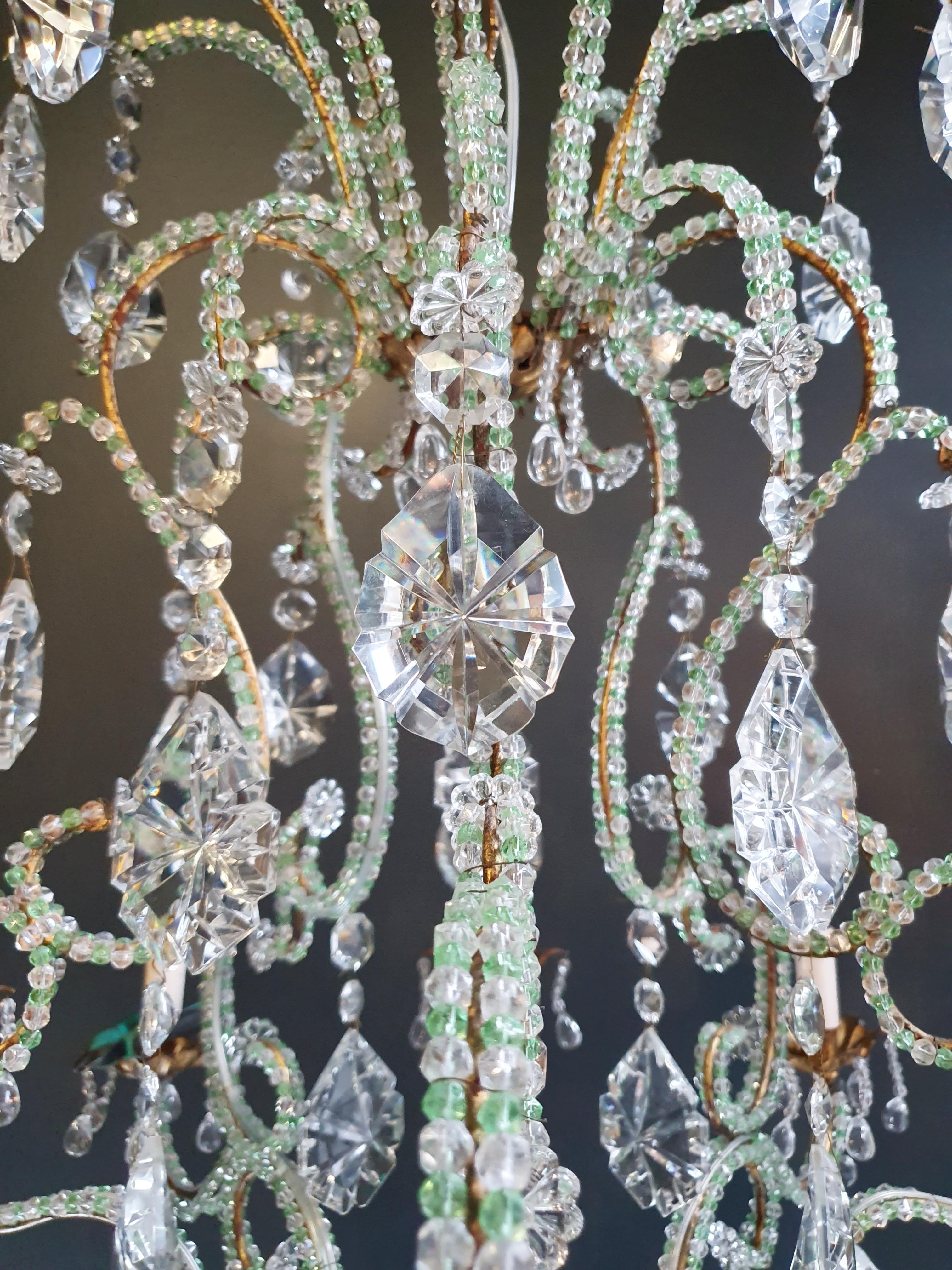 Perlen Grün Kristall Kronleuchter Antike Decke Lampe Lüster Jugendstil Messing (Europäisch)