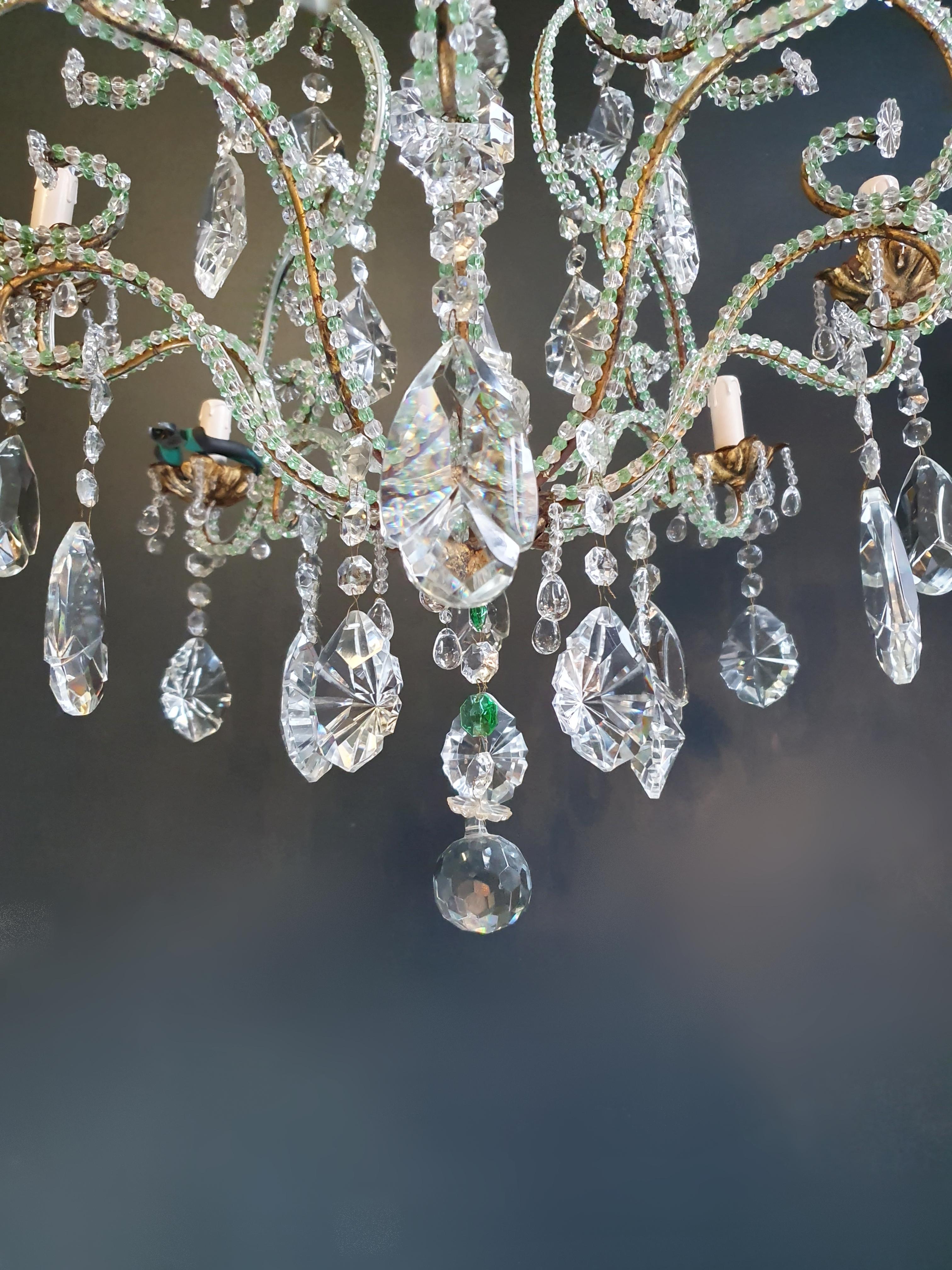 Beaded Green Crystal Chandelier Antique Ceiling Lamp Lustre Art Nouveau Brass In Good Condition In Berlin, DE