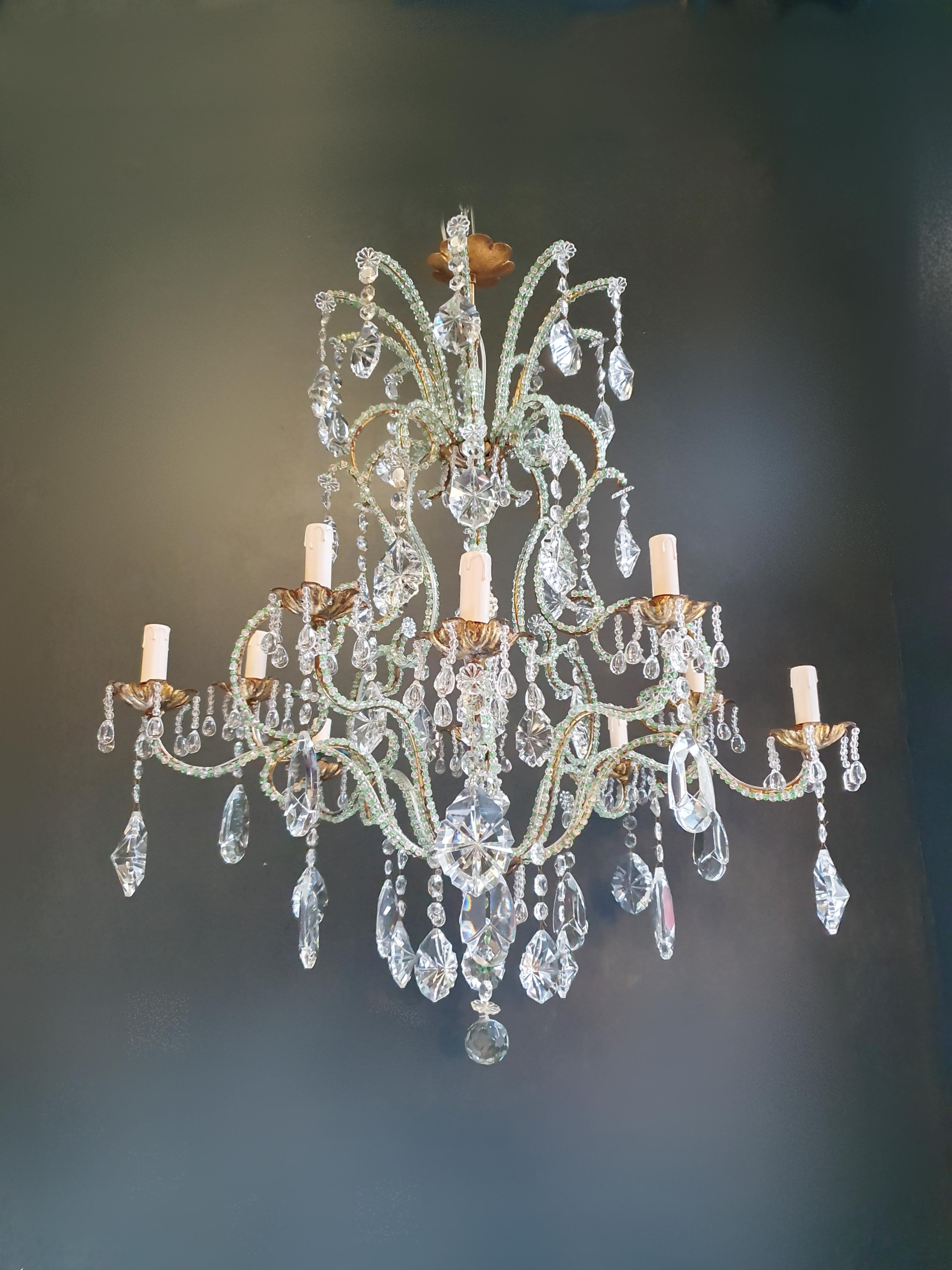 Mid-20th Century Beaded Green Crystal Chandelier Antique Ceiling Lamp Lustre Art Nouveau Brass