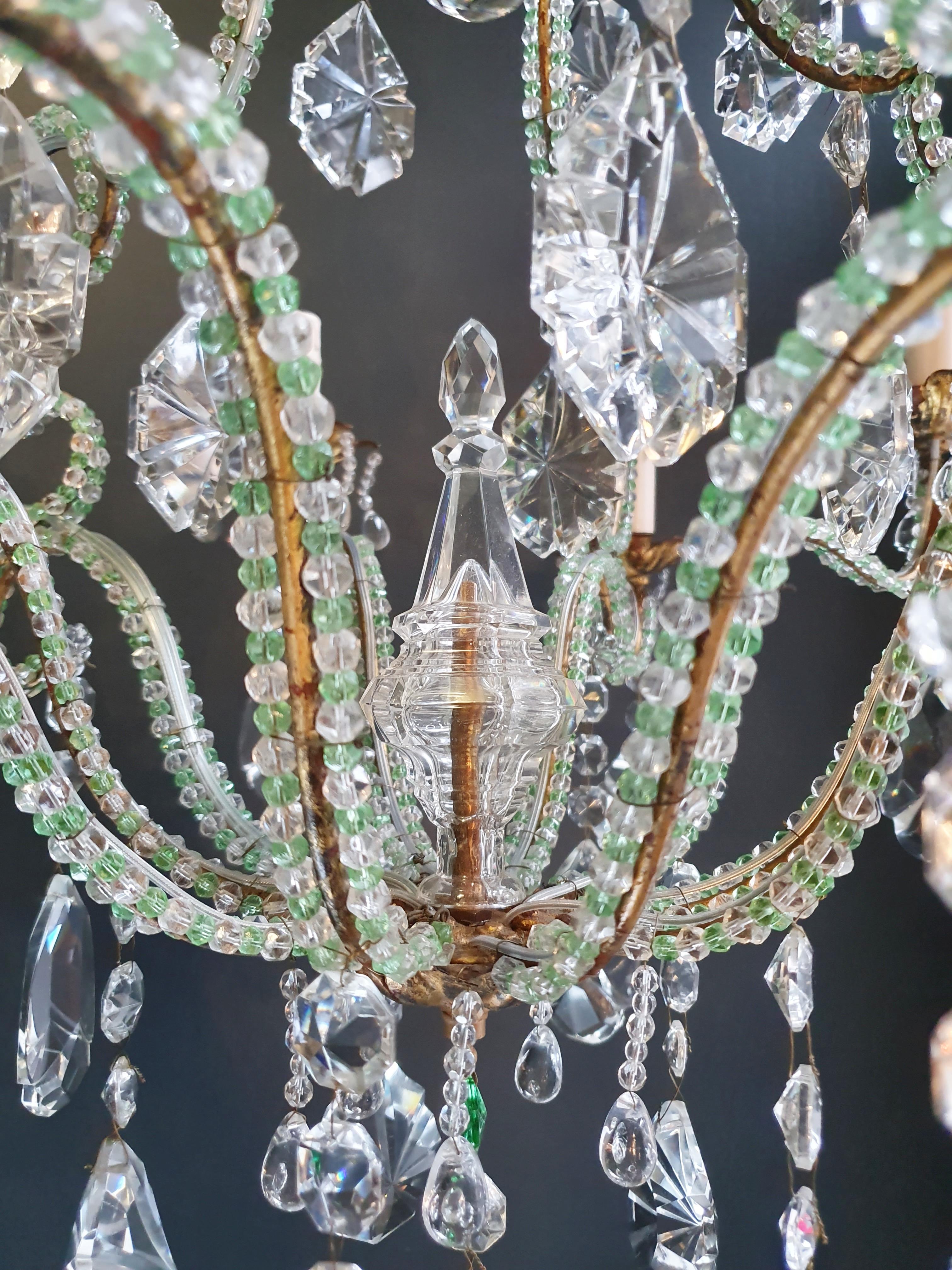 Beaded Green Crystal Chandelier Antique Ceiling Lamp Lustre Art Nouveau Brass 1