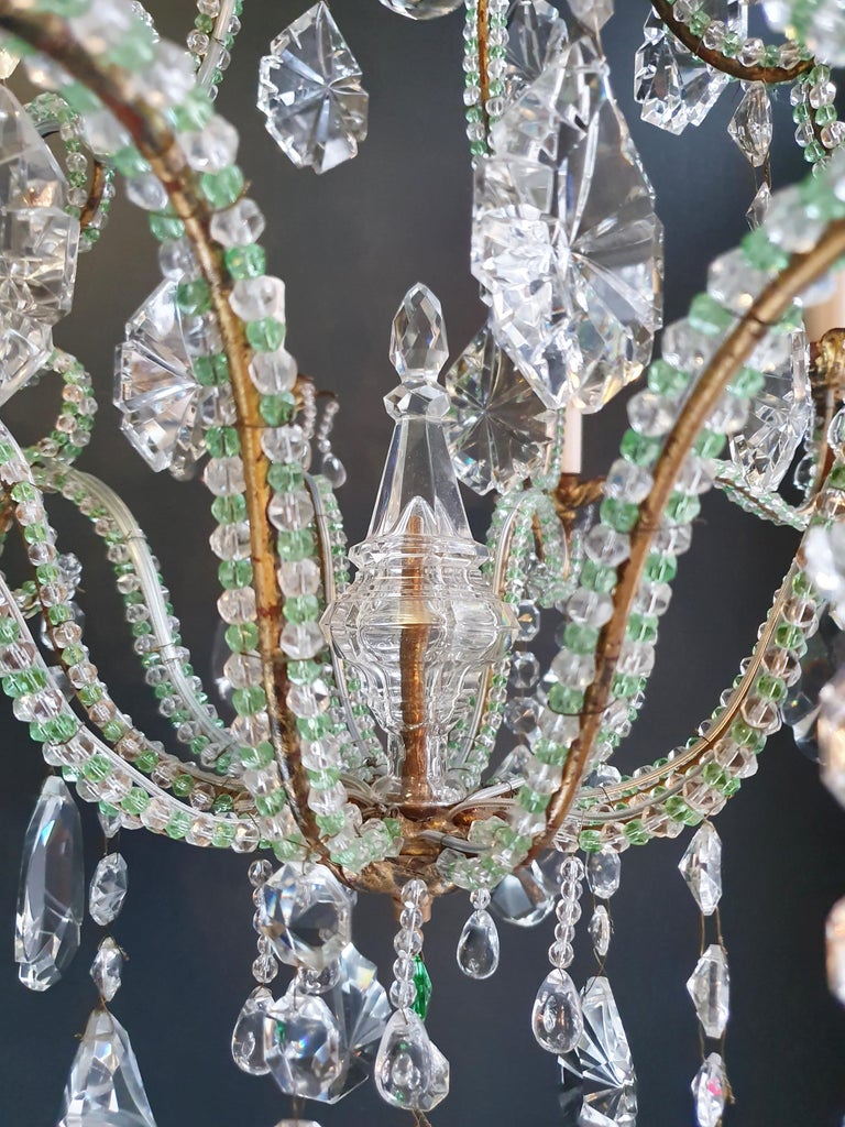 Beaded Green Crystal Chandelier Antique Ceiling Lamp Lustre Art Nouveau Brass For Sale 1