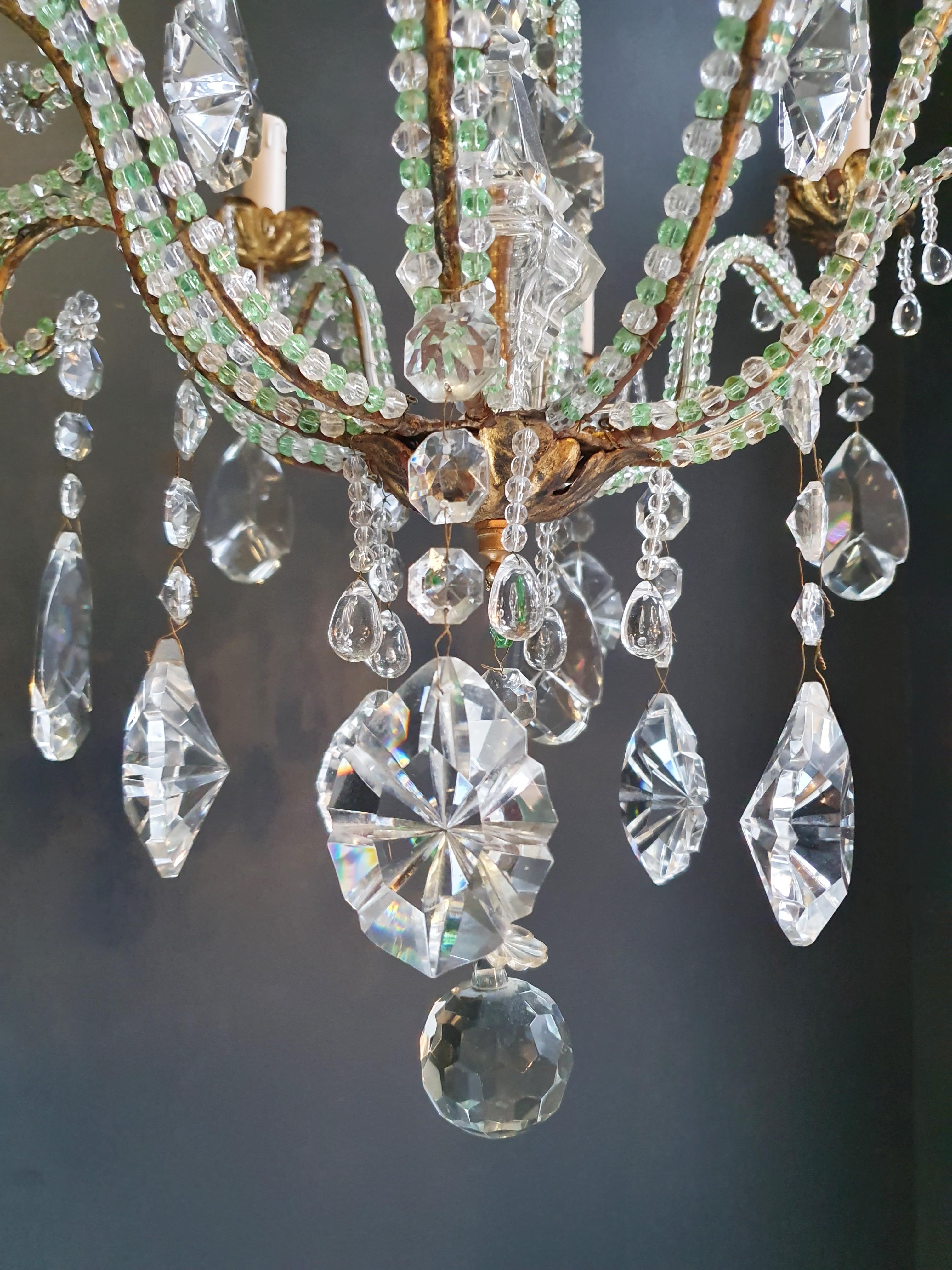 Beaded Green Crystal Chandelier Antique Ceiling Lamp Lustre Art Nouveau Brass 2