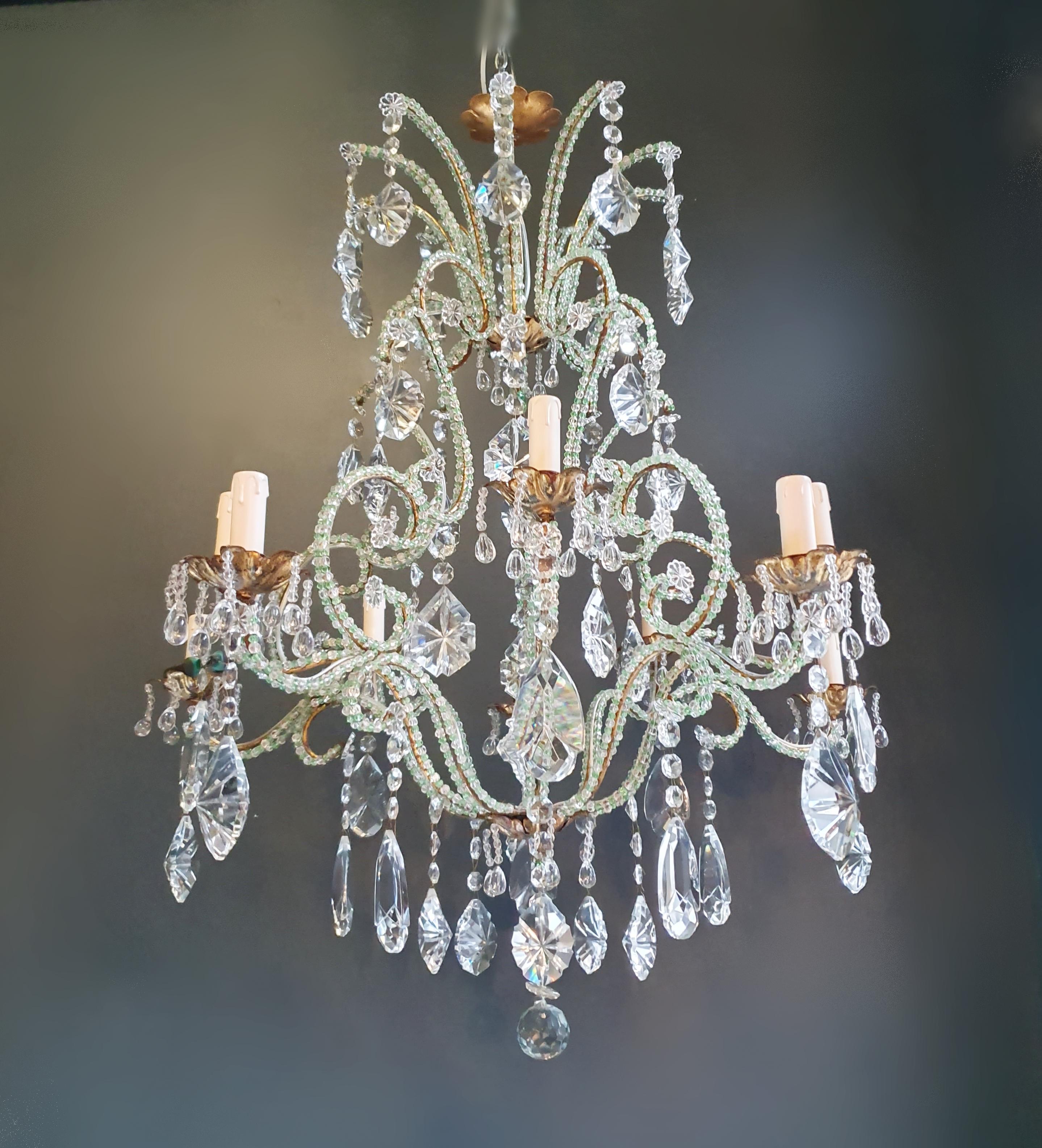 Beaded Green Crystal Chandelier Antique Ceiling Lamp Lustre Art Nouveau Brass 3