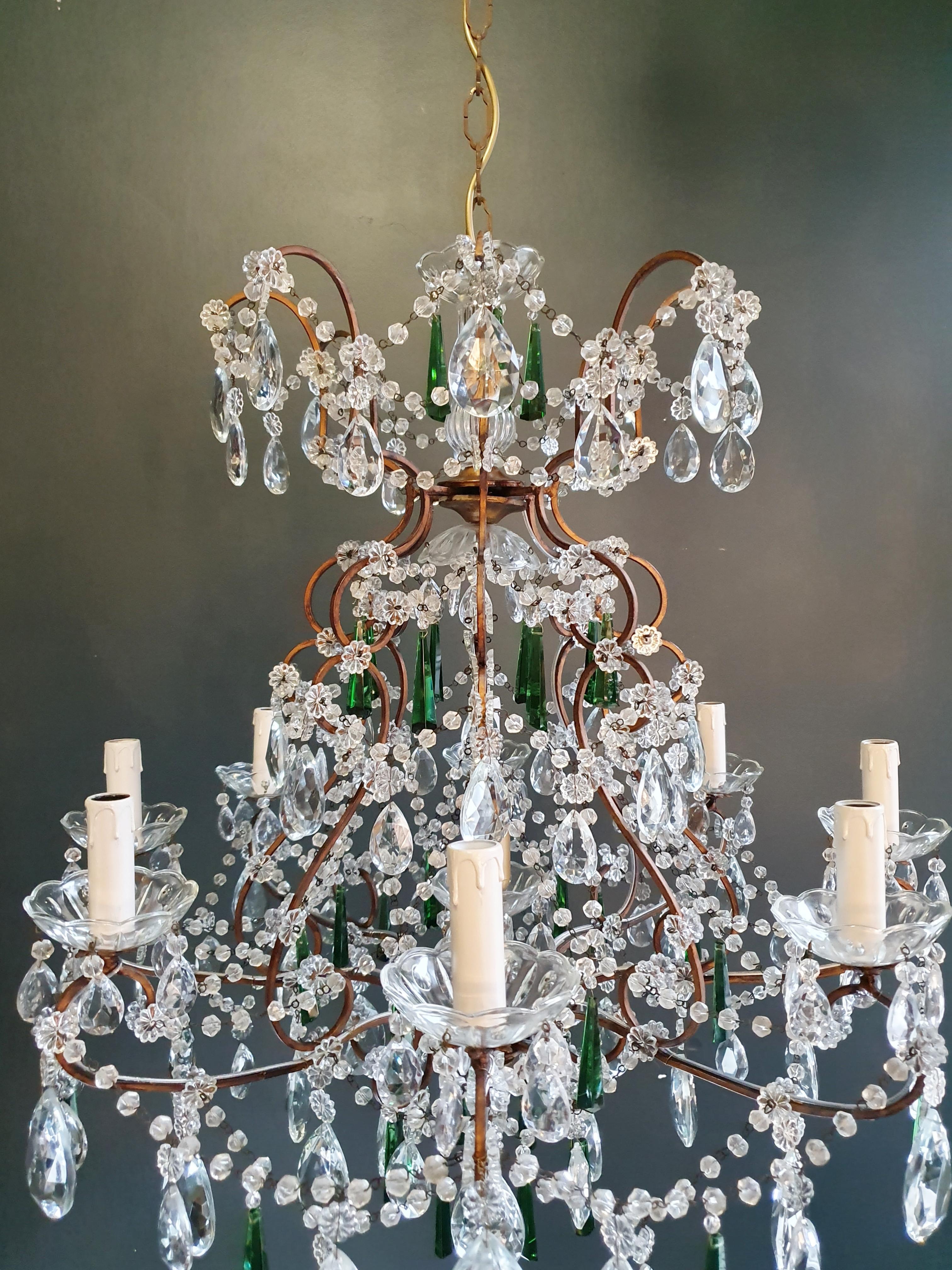 Italian Beaded Green Crystal Chandelier Antique Ceiling Lamp Lustre Art Nouveau