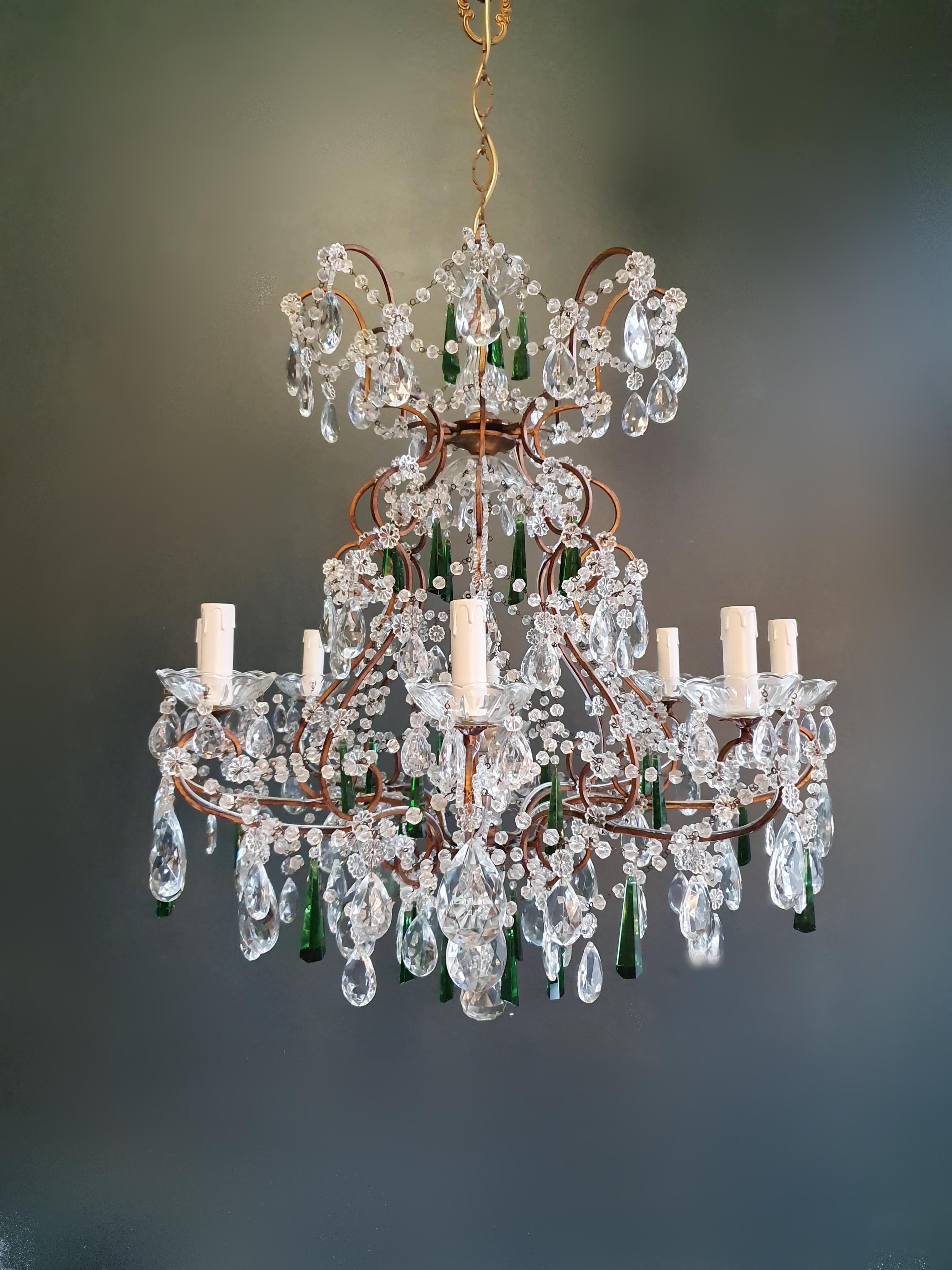 Hand-Crafted Beaded Green Crystal Chandelier Antique Ceiling Lamp Lustre Art Nouveau