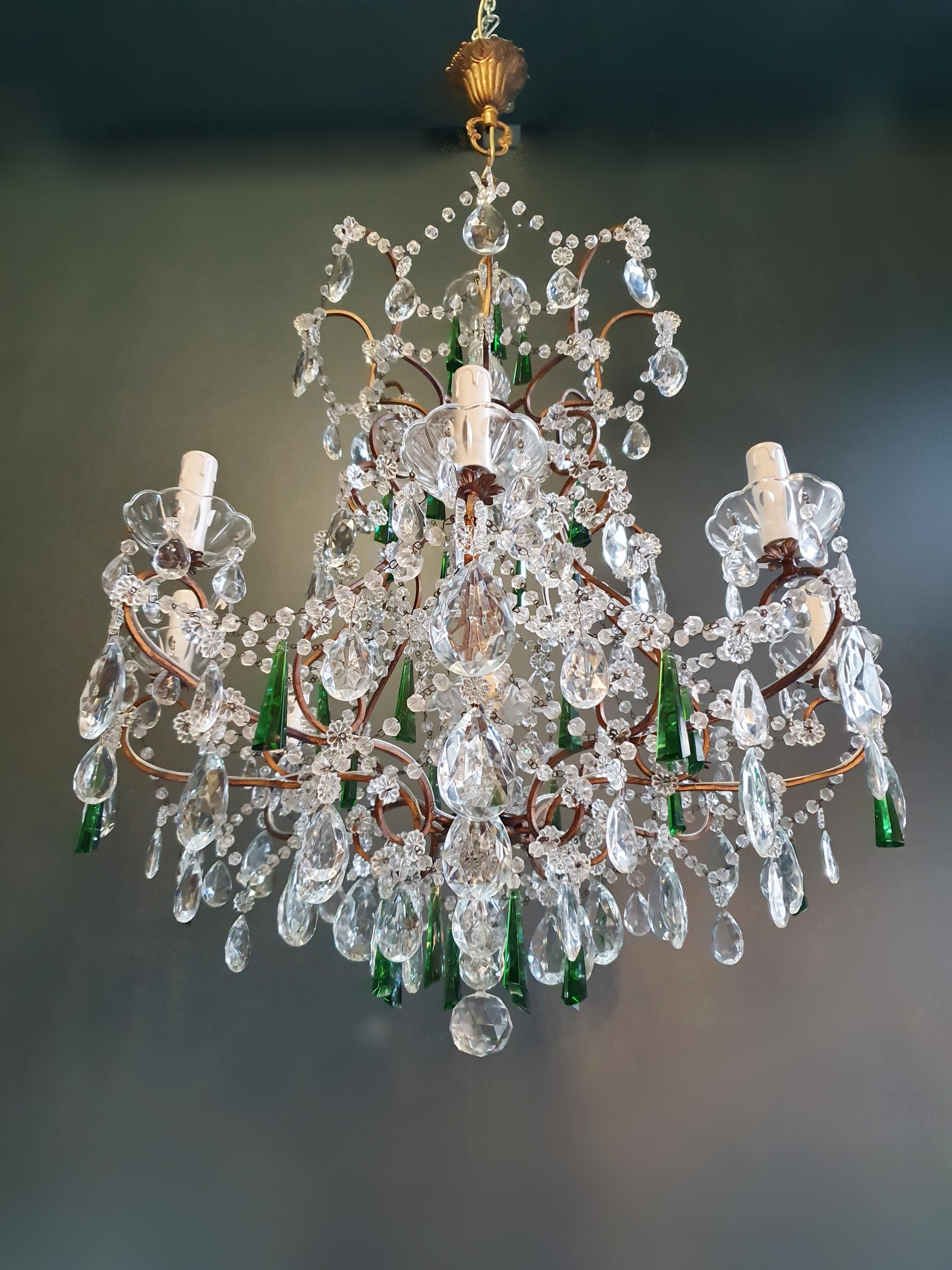 Beaded Green Crystal Chandelier Antique Ceiling Lamp Lustre Art Nouveau In Good Condition In Berlin, DE