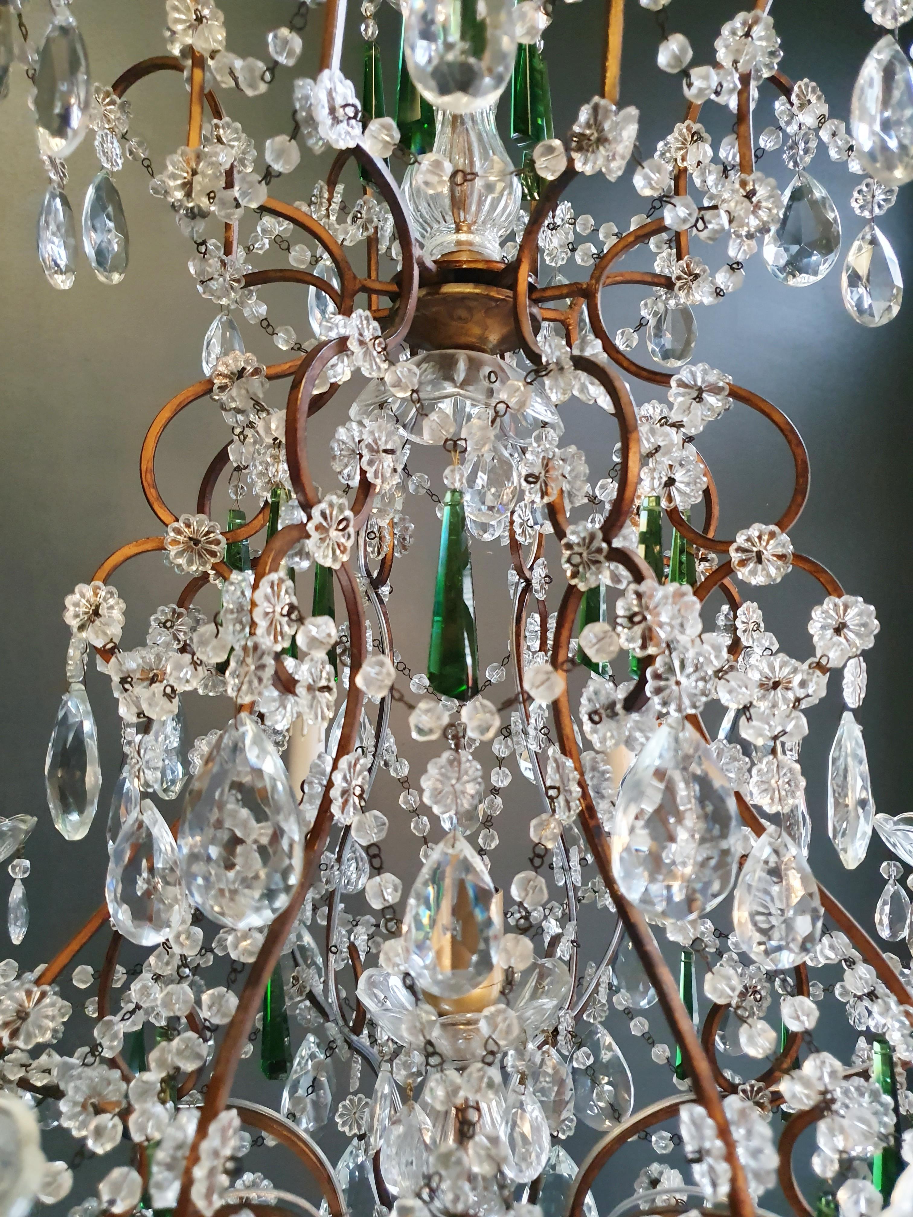Mid-20th Century Beaded Green Crystal Chandelier Antique Ceiling Lamp Lustre Art Nouveau