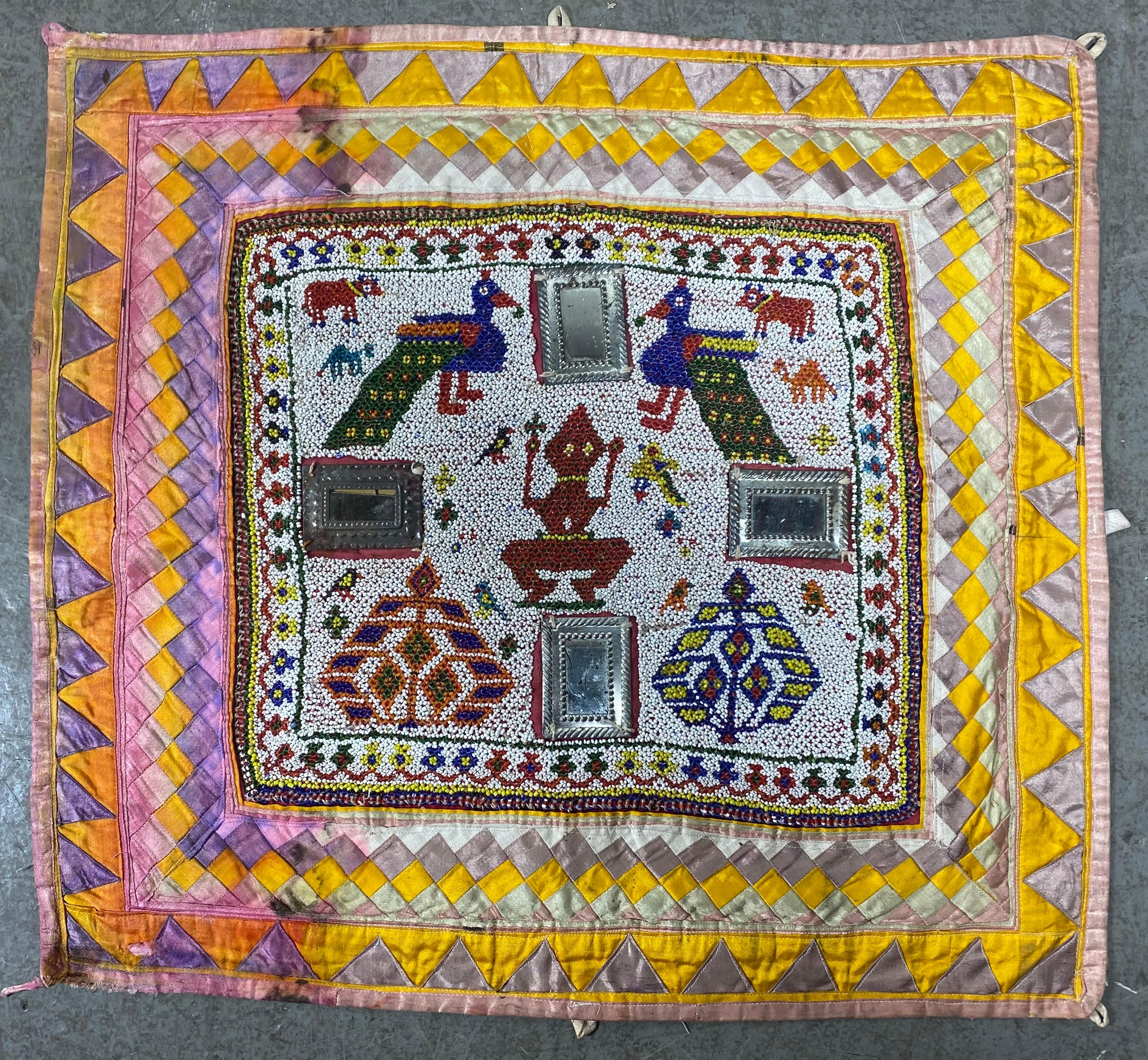 Indian Beaded / hand embroidered  Chakla Cloth Gujarat Saurashta Textile from India For Sale