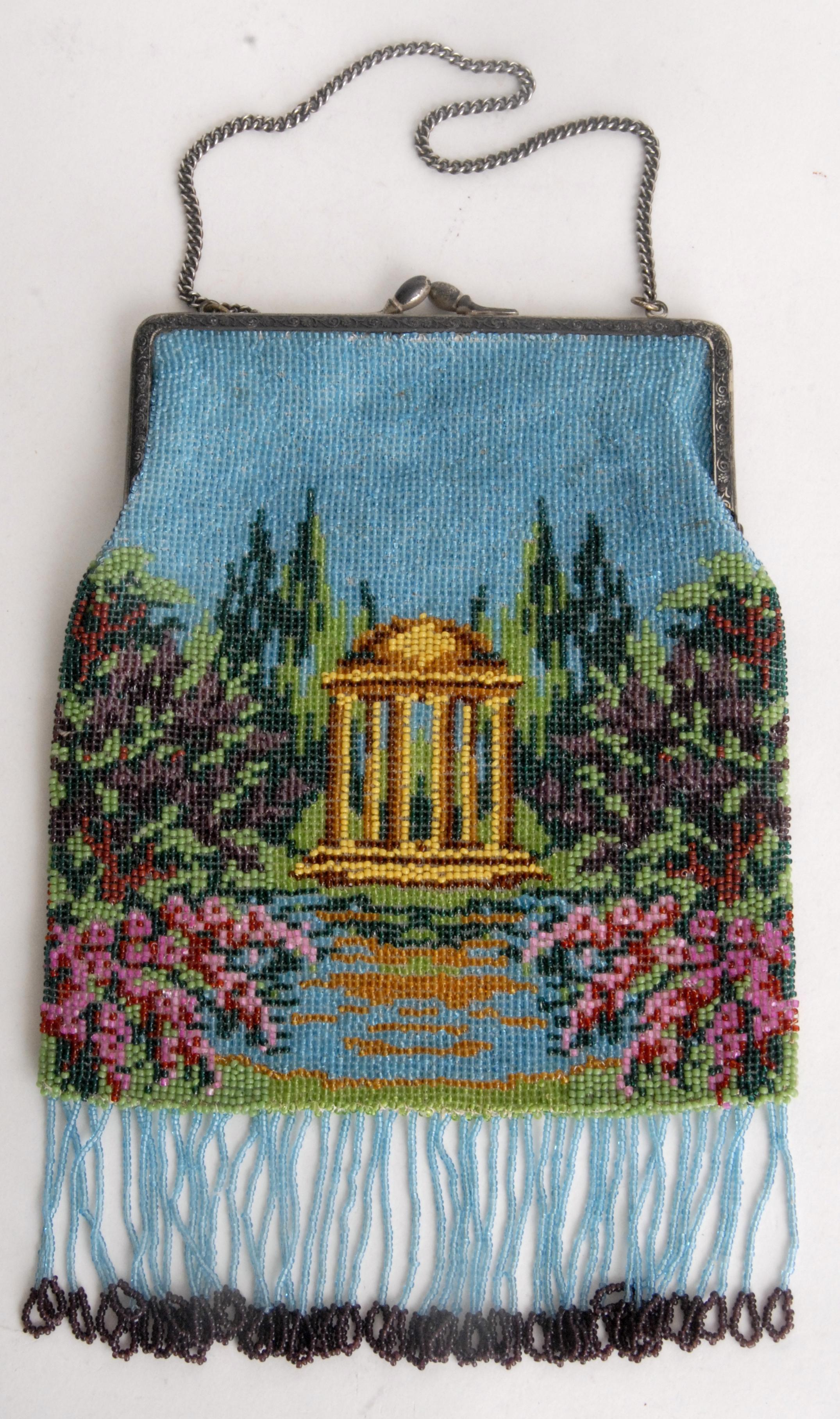 Hand-Crafted Beaded Handbag Germany circa 1920 Classical Garden Scene For Sale