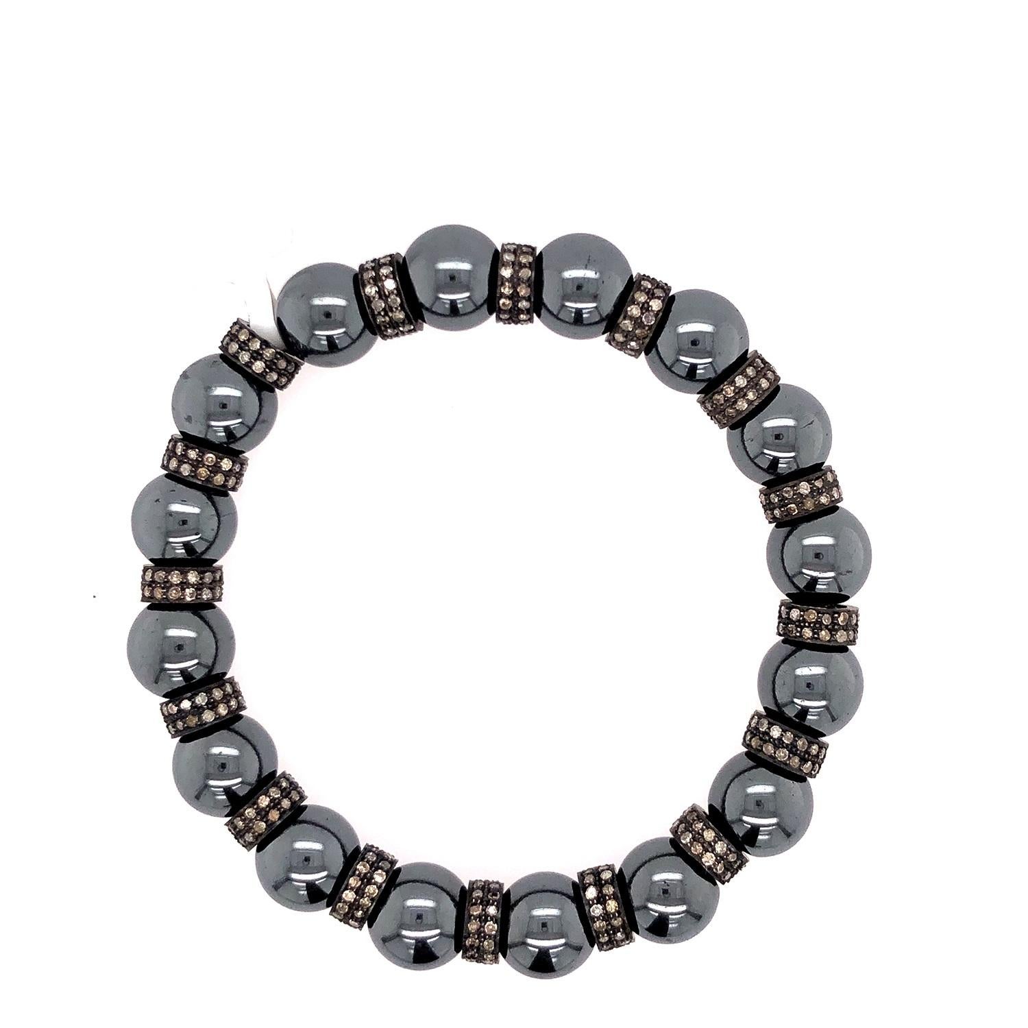 Beaded Hematite and Diamond Stretchable Bracelet in Silver In New Condition For Sale In New York, NY