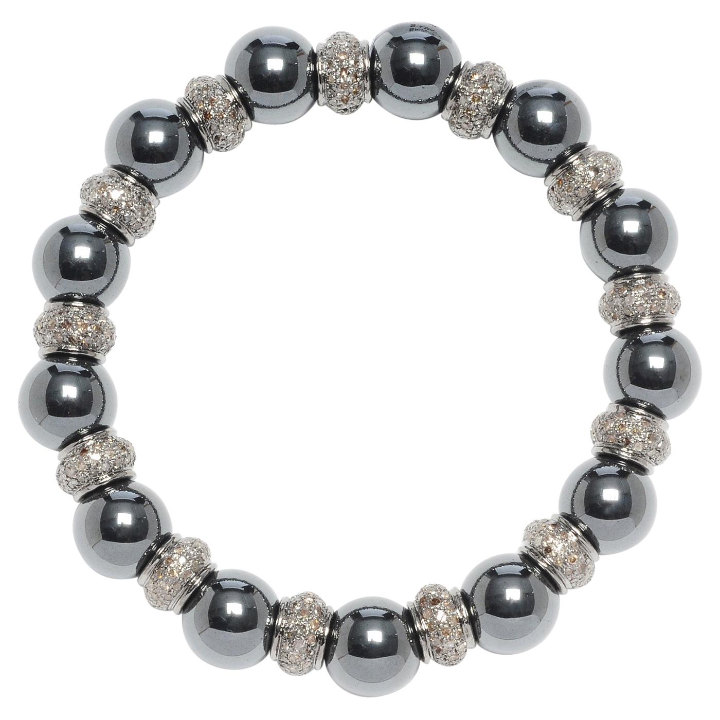 Beaded Hematite and Diamond Stretchable Bracelet in Silver For Sale