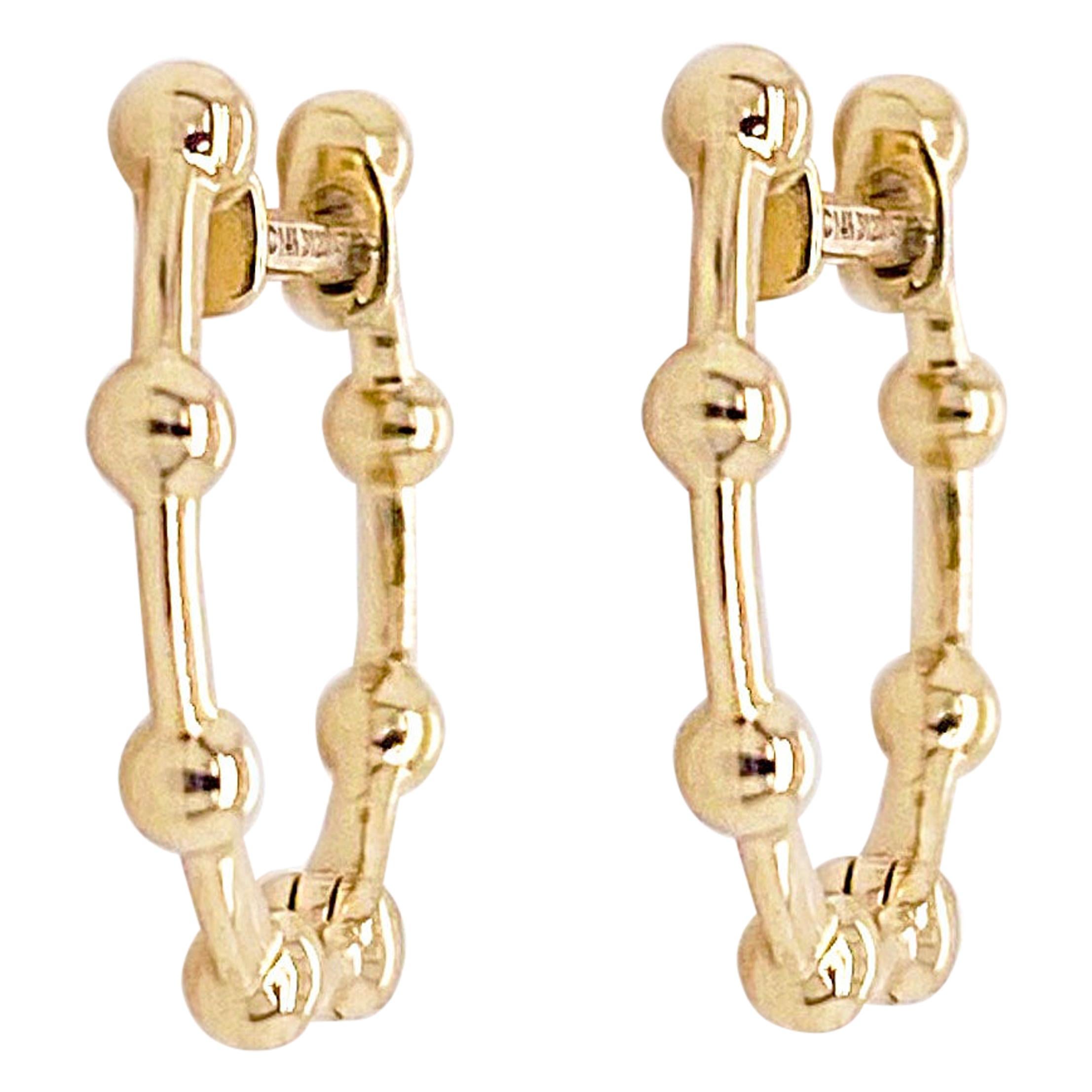 Beaded Hoop Earrings, 14 Karat Gold Beaded Huggie Earrings, Hinged Earrings, 14k For Sale