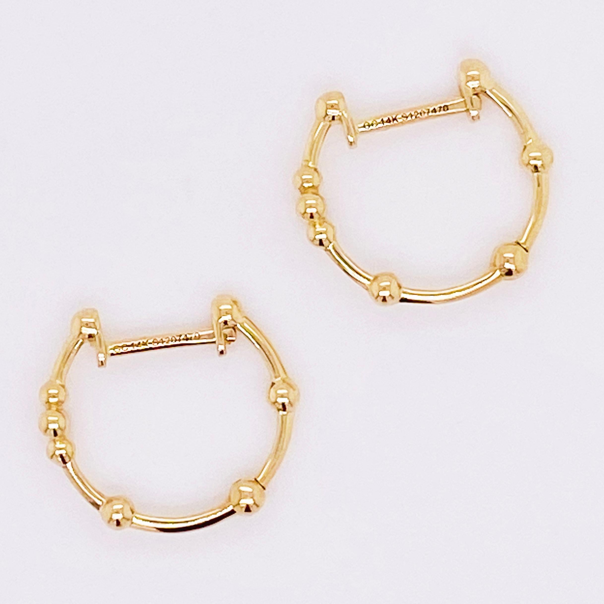 Modern Beaded Hoop Earrings, 14K Yellow Gold Beaded Ball Huggie For Sale