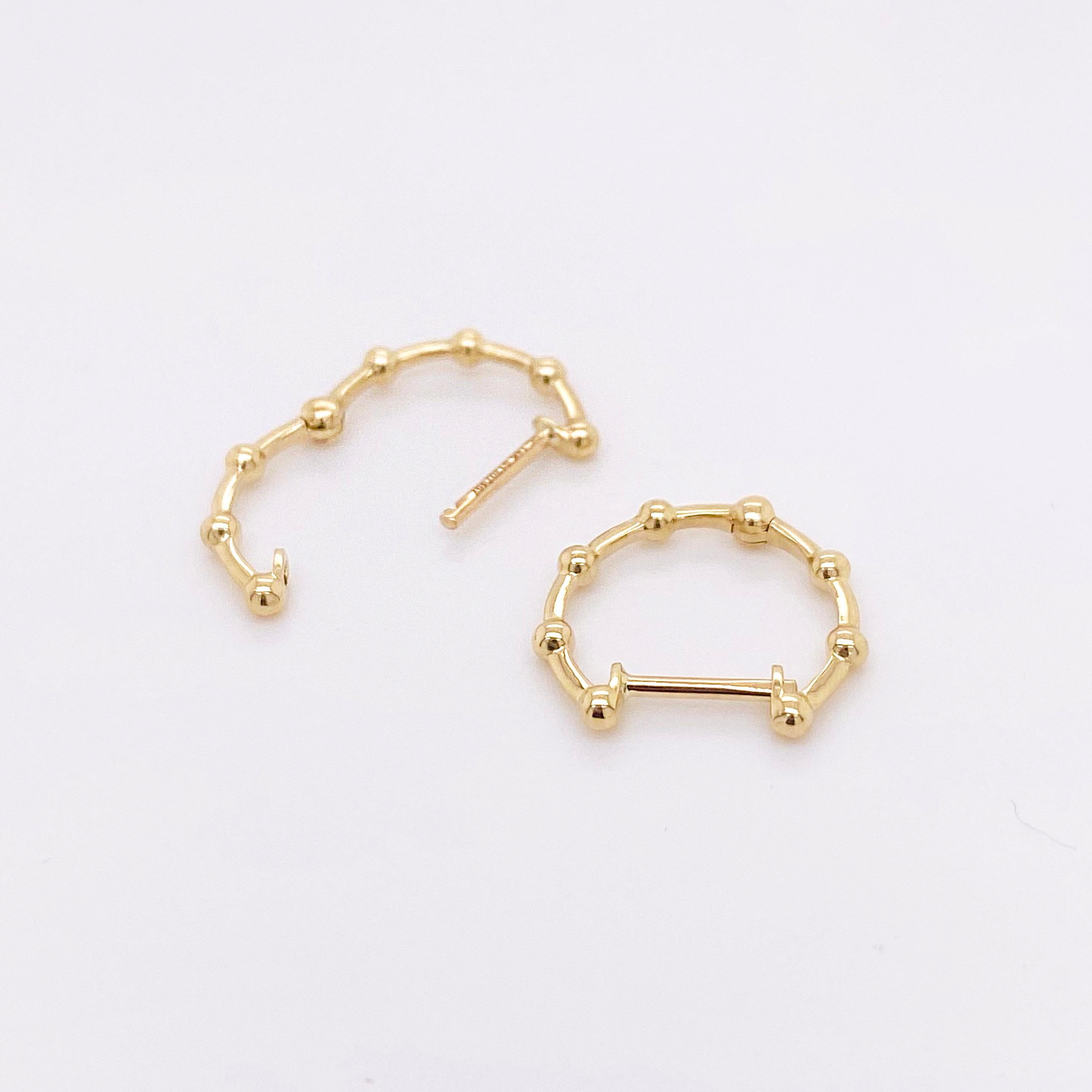 Modern Beaded Hoop Earrings, 14 Karat Gold Beaded Huggie Earrings, Hinged Earrings, 14k For Sale