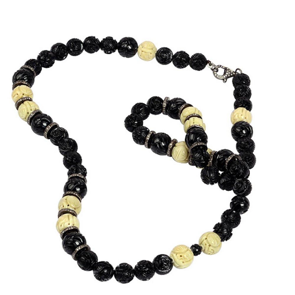 Mixed Cut Beaded Jade & Black Onyx Opera Necklace with Diamonds For Sale