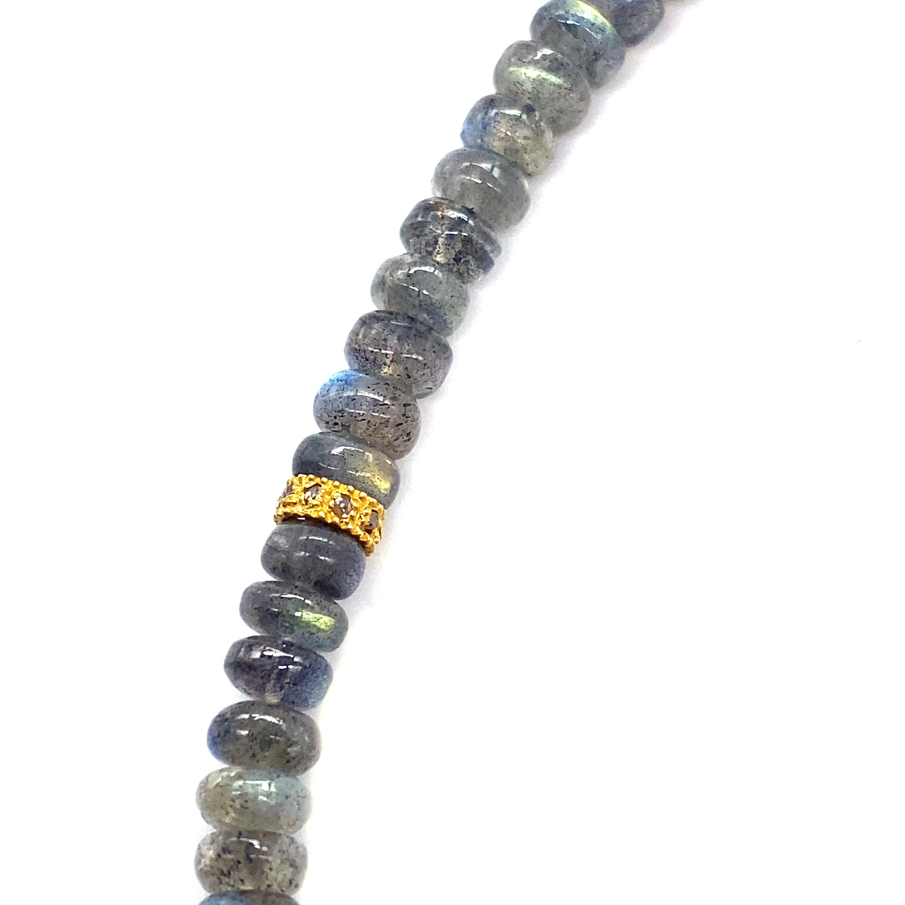 Labradorite Beads and 20 Karat Yellow Gold Rose-Cut Ring Necklace. This Necklace Comes With 94.90 Carat Labradorite Beads and 0.57 Carat Diamonds.
