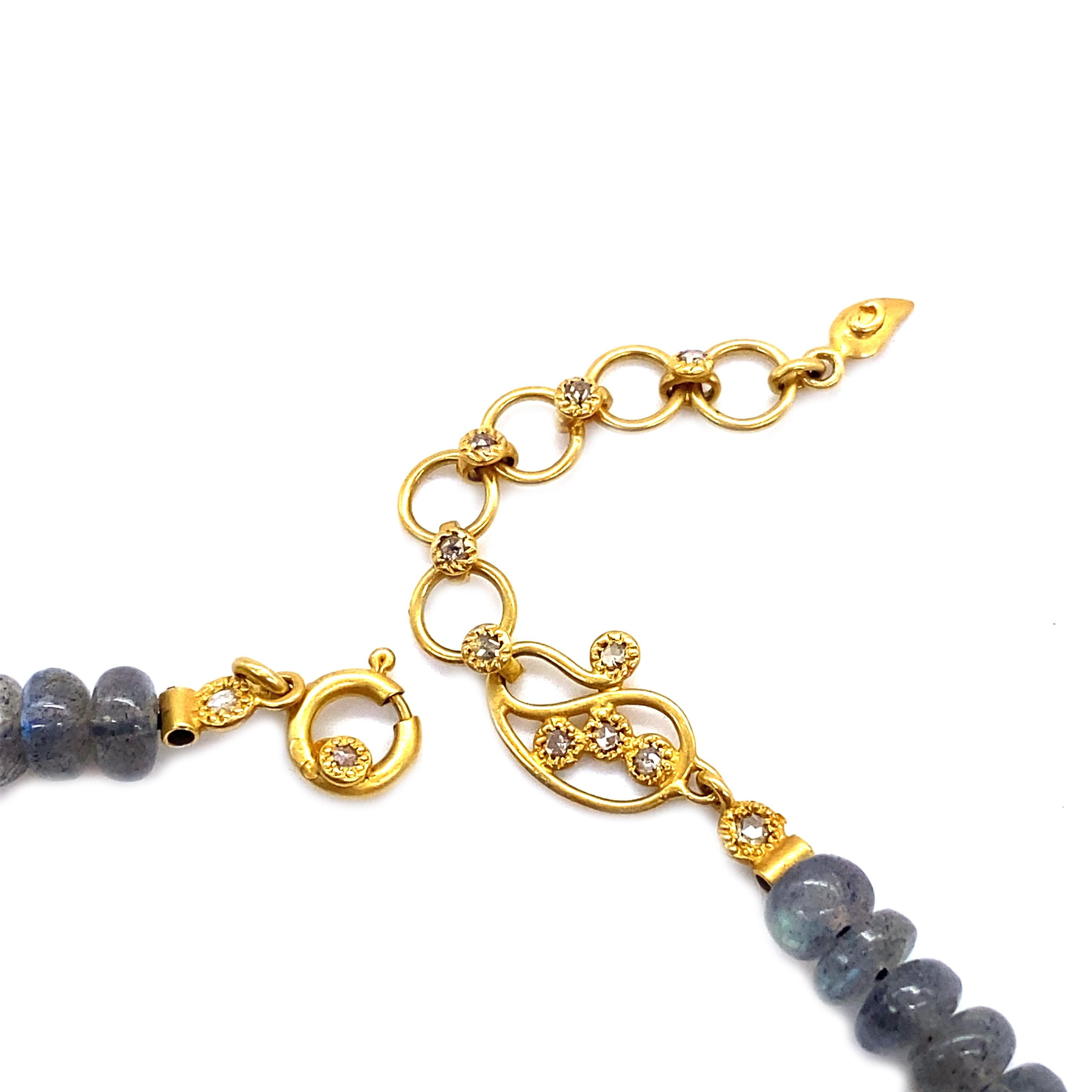 Rose Cut Beaded Labradorite and Gold Rose-Cut Ring Necklace with 0.57 Carat Diamonds