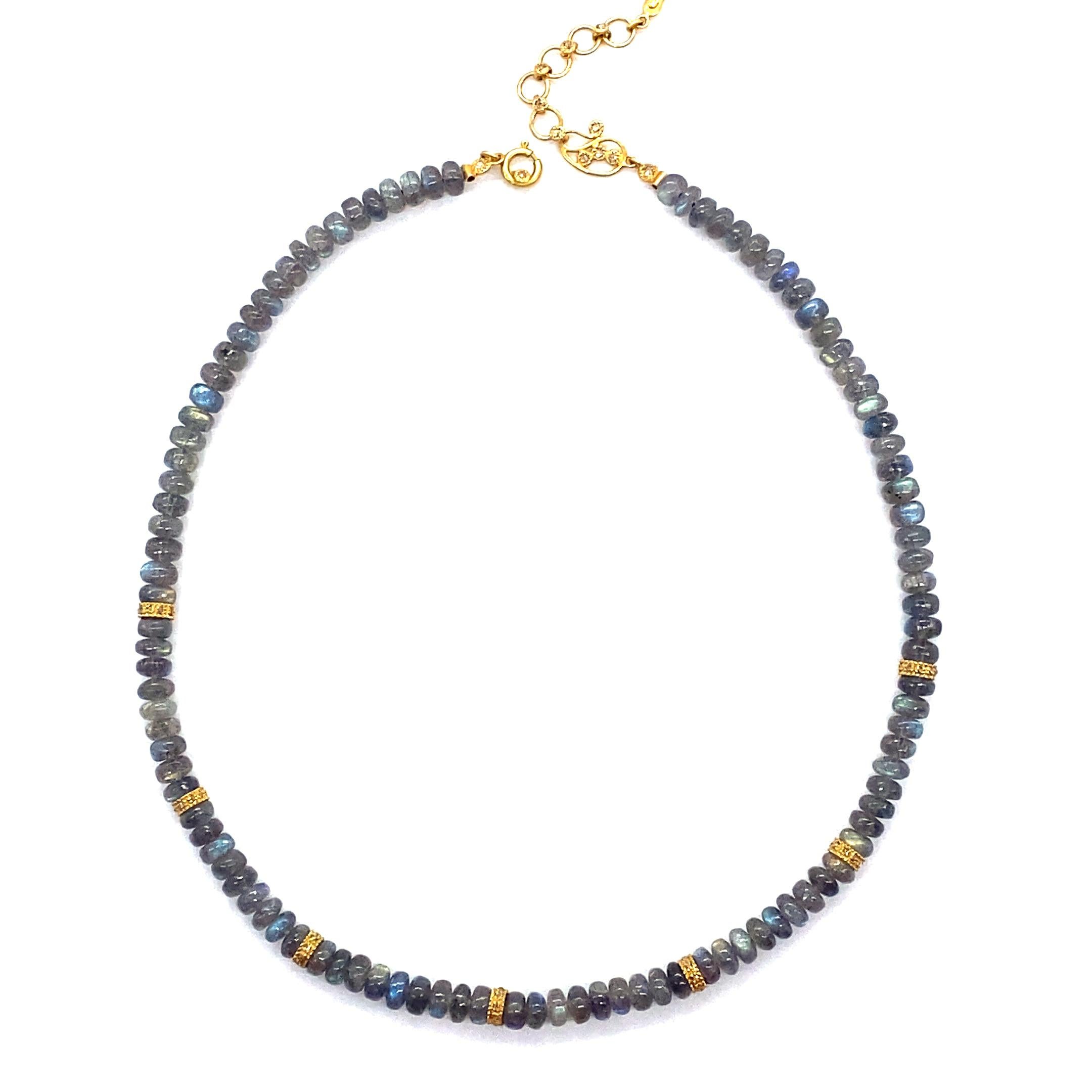 Beaded Labradorite and Gold Rose-Cut Ring Necklace with 0.57 Carat Diamonds In New Condition In Secaucus, NJ