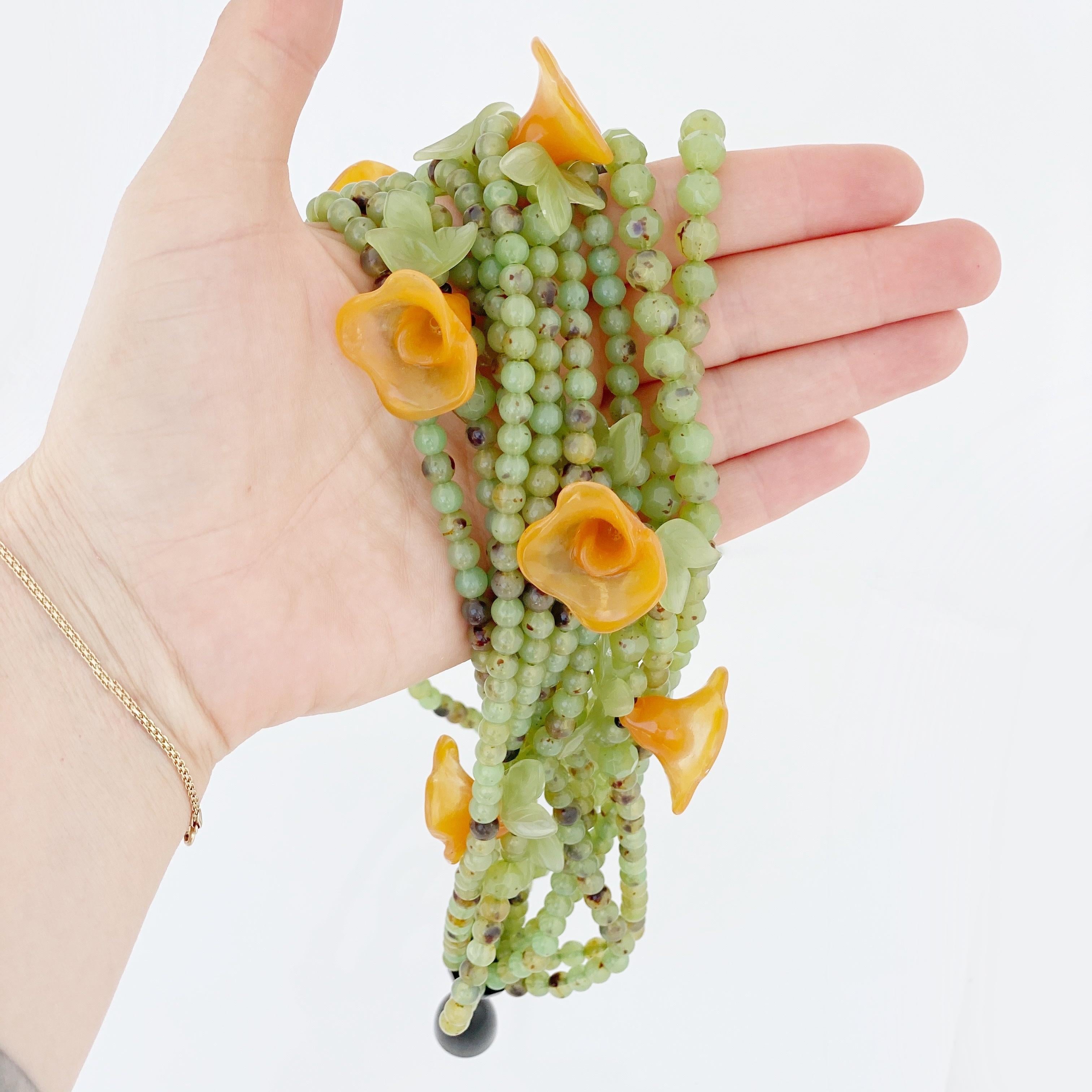 Modern Beaded Lucite Statement Necklace With Orange Tulips By Angela Caputi, 1980s