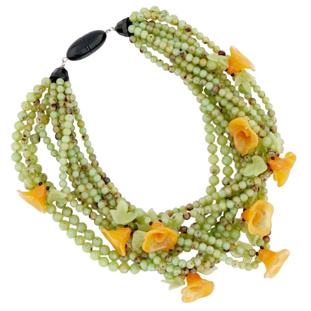 Beaded Lucite Statement Necklace With Orange Tulips By Angela Caputi, 1980s