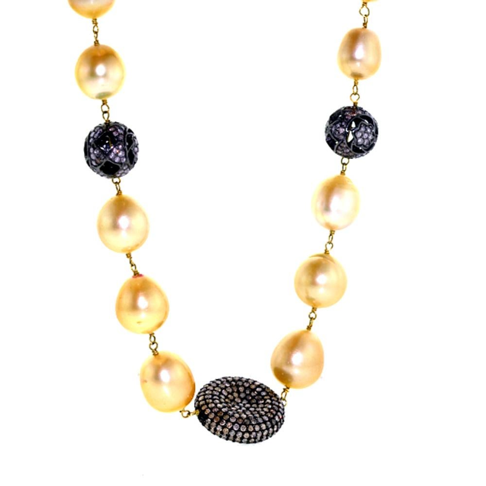 Modern Beaded Matinee Necklace With South Sea Pearls & Pave Diamonds Stations For Sale