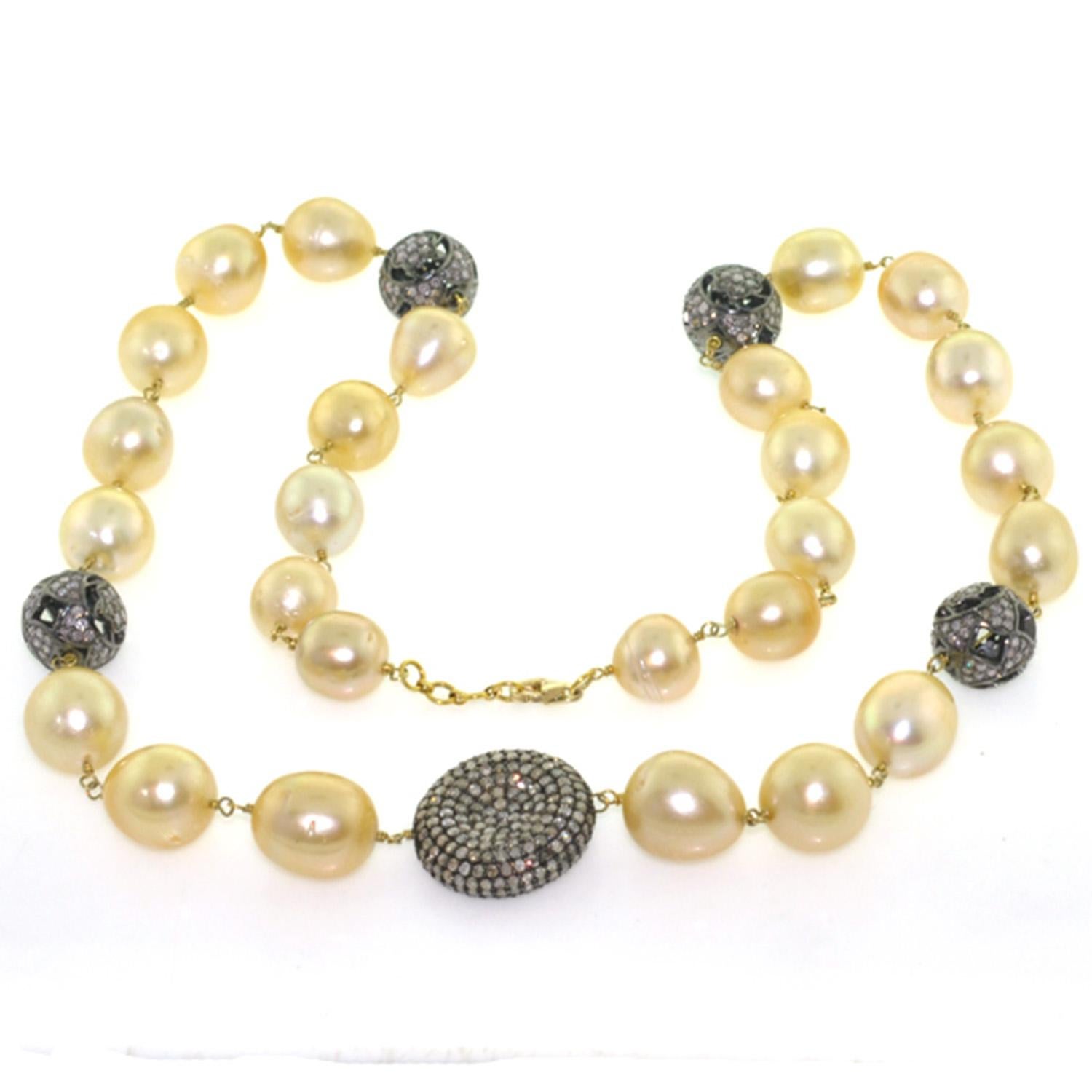 Round Cut Beaded Matinee Necklace With South Sea Pearls & Pave Diamonds Stations For Sale