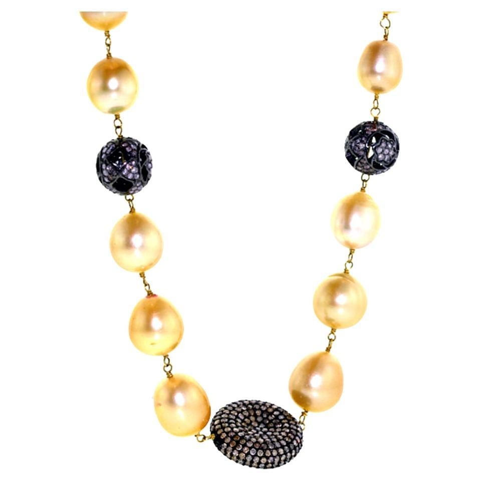 Beaded Matinee Necklace With South Sea Pearls & Pave Diamonds Stations For Sale