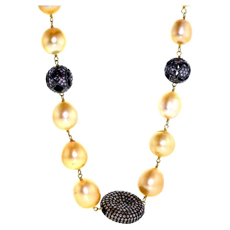 Beaded Matinee Necklace With South Sea Pearls and Pave Diamonds Stations For Sale at 1stDibs