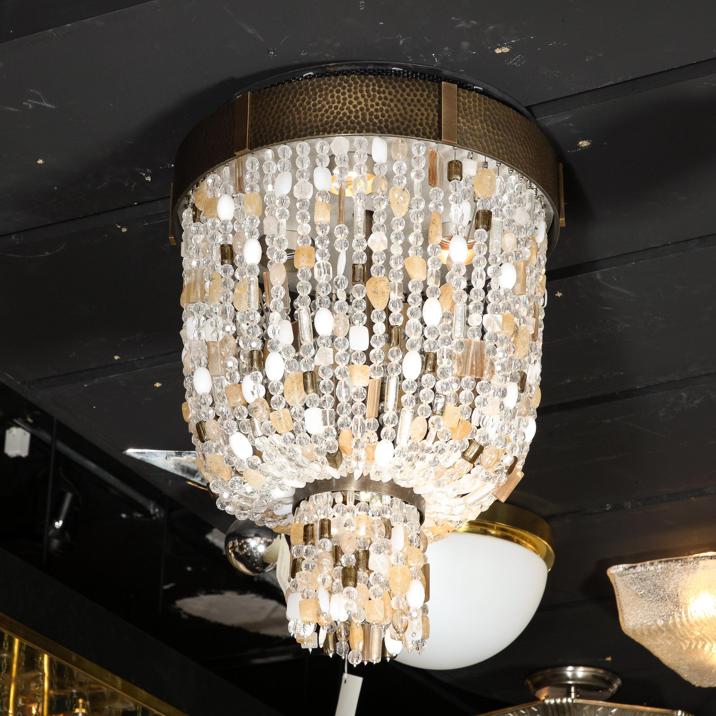 Modern Beaded Murano Glass and Rock Crystal Flush Mount Chandelier w/ Oil Rubbed Bronze For Sale