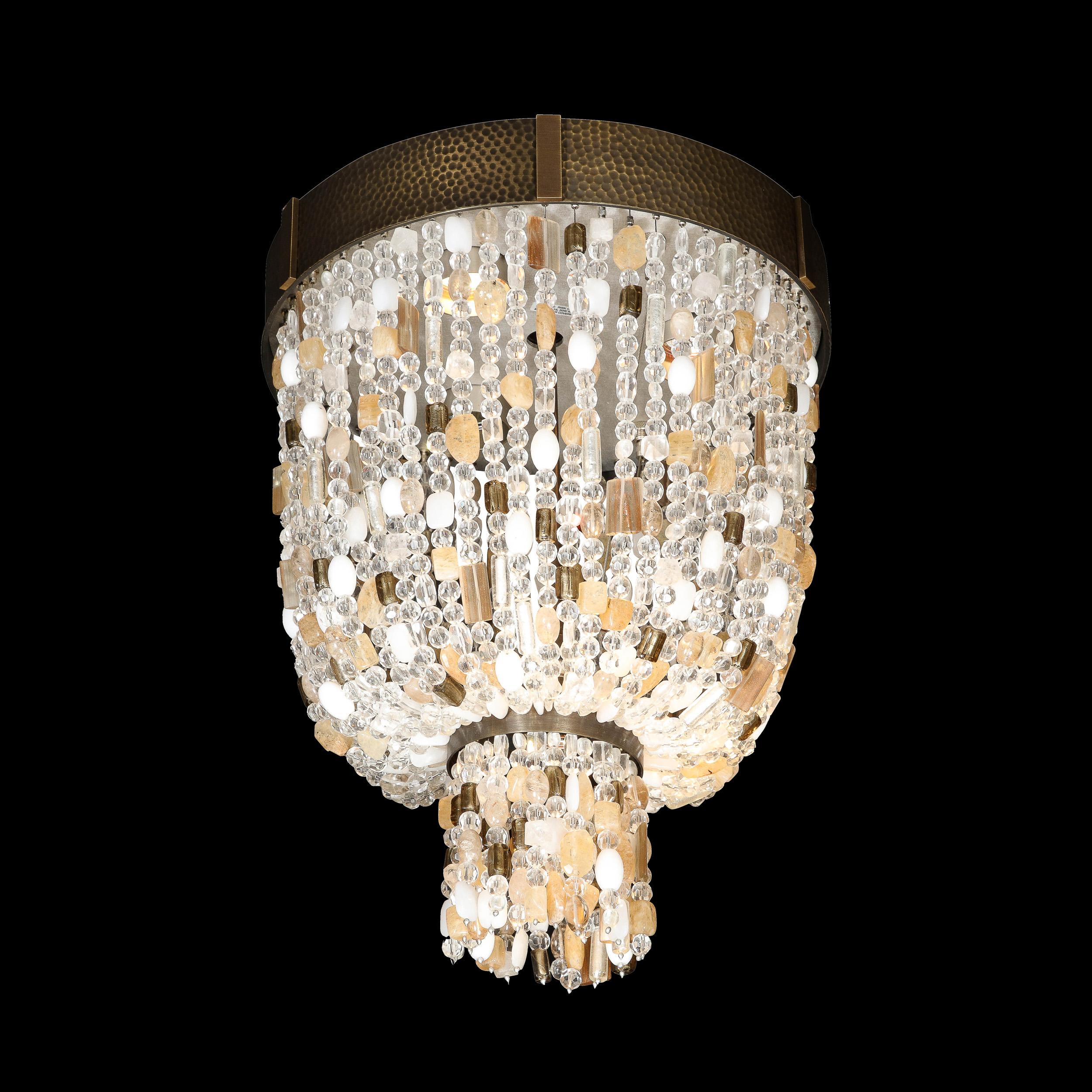 Beaded Murano Glass and Rock Crystal Flush Mount Chandelier w/ Oil Rubbed Bronze In Excellent Condition For Sale In New York, NY