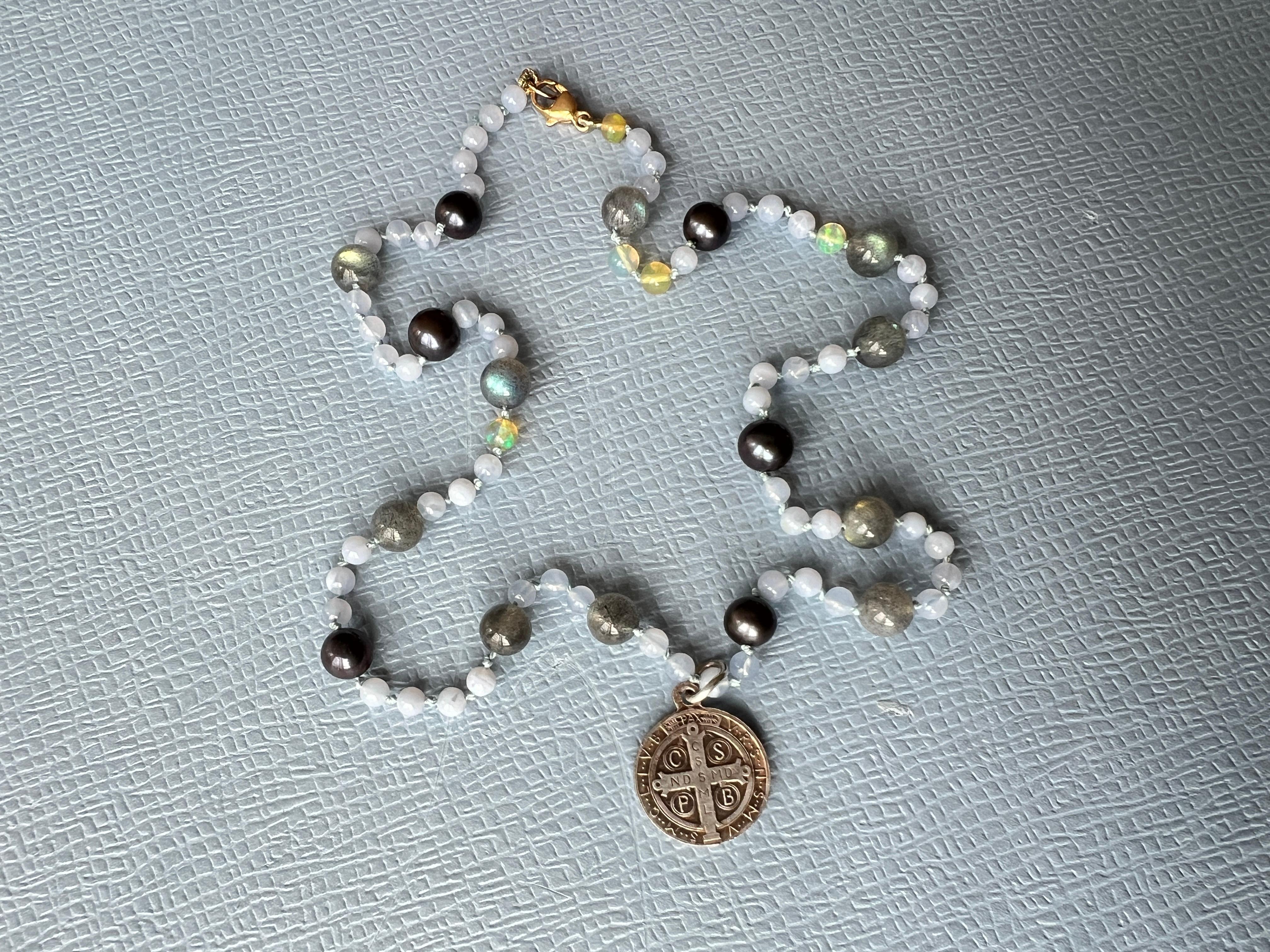 Women's Beaded Necklace Choker Egyptian Opal Labradorite  Vintage Medal J Dauphin