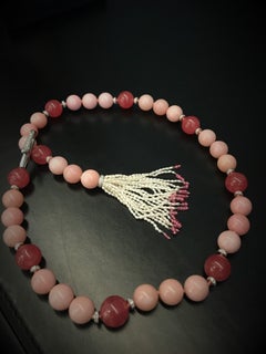 Beaded Necklace Diamonds Pave Spinel Opal and Rhodochrosite and Small Pearl