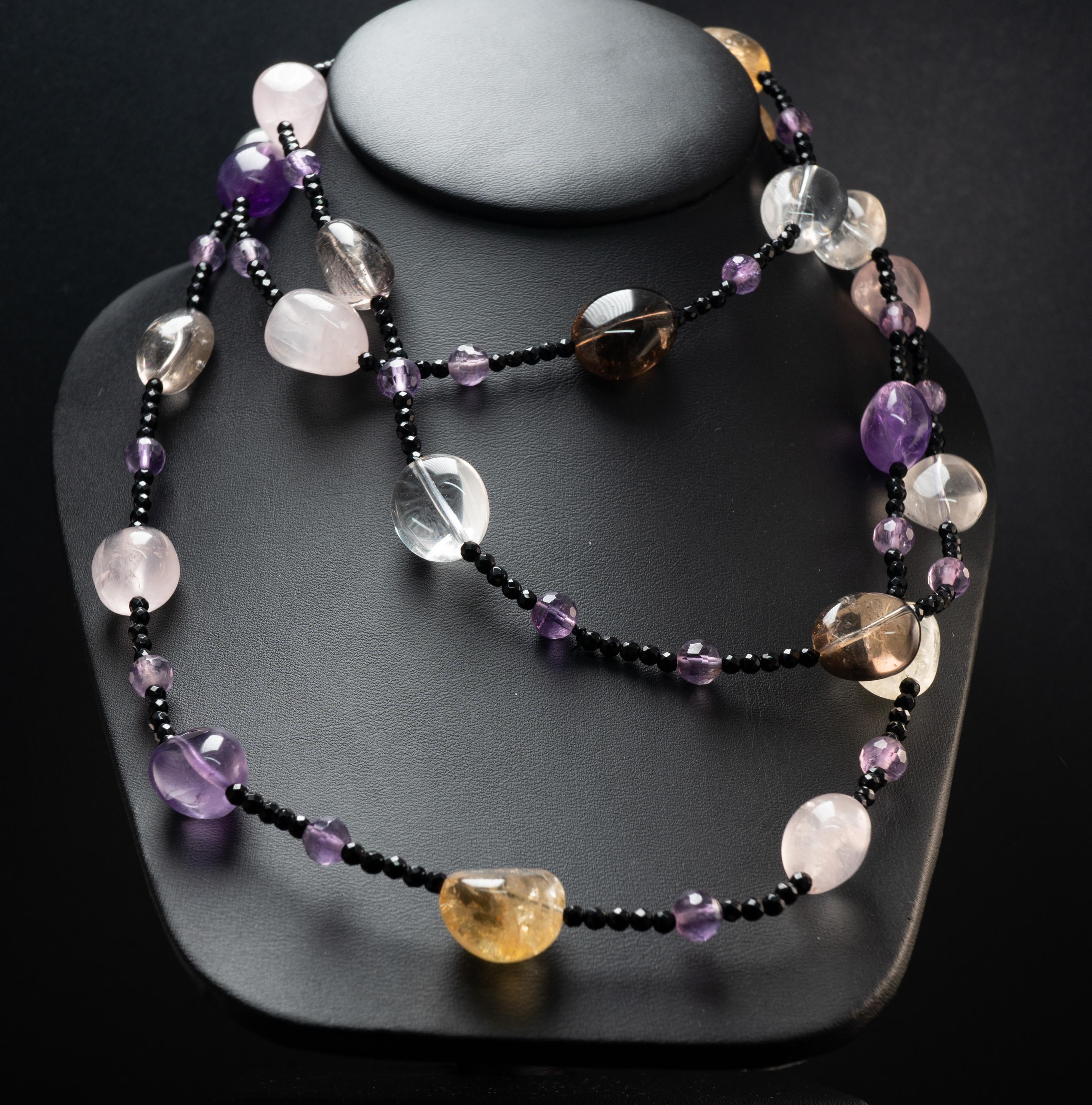 Perlenhalskette Spinell Edelsteine Amethyst Citrin Quarz Lange Unendlichkeits Oper im Angebot 1