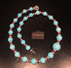Beaded Necklace White Gold Brilliant Washers Turquoise Spheres and Ruby Beads